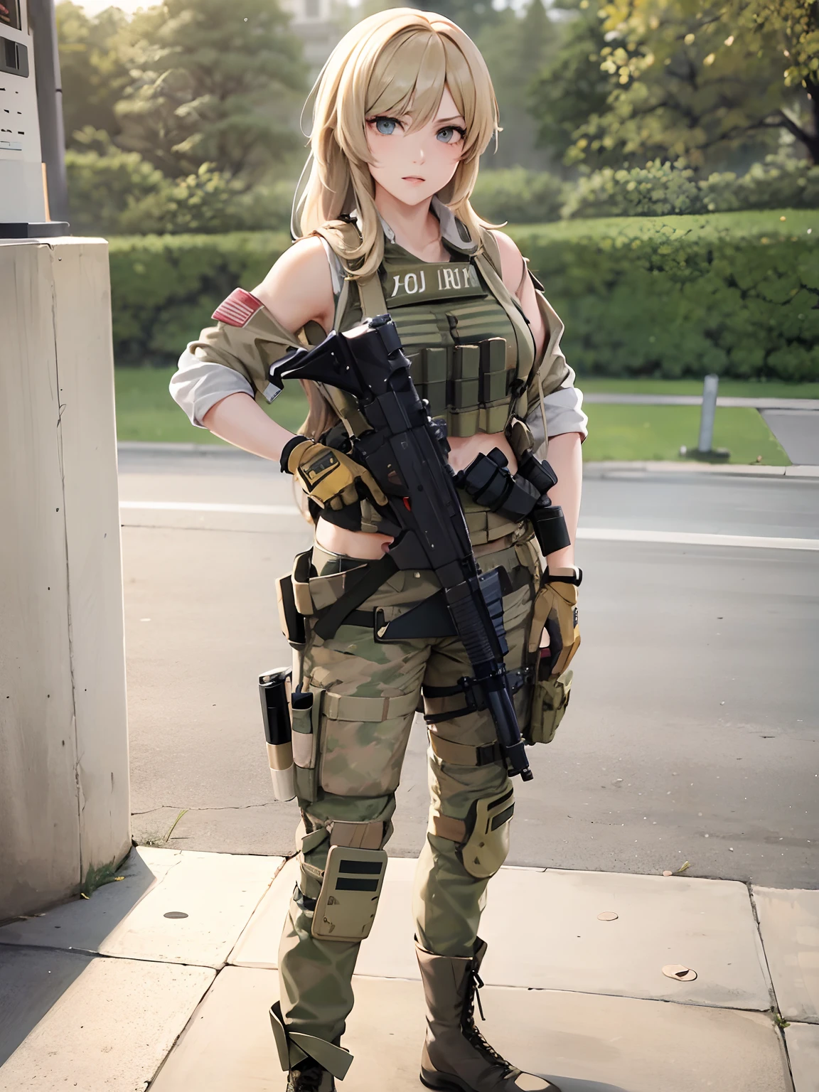 there is a woman in a military uniform holding a gun, quiet from metal gear solid, quiet from metal gear solid v, m4 sopmod ii girls frontline, ready for combat, soldier girl, mechanized soldier girl, infantry girl, military girl, from metal gear, with rifle, of a sniper girl in war, bikini + tattered military gear, beautiful female soldier, blonde hair, grey eyes