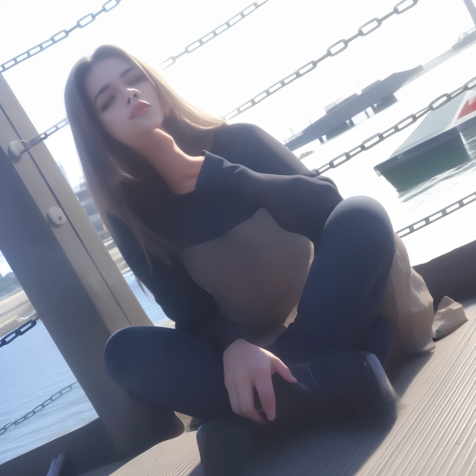 Woman sitting on a dock with a chain fence and a body of water in the background, sitting on ground, sentar-se casualmente, Pose satisfeita, sentado sob a ponte, na cidade, nice afternoon lighting, imagem de perfil, Pose casual, Karolina Cummings, sitting on the floor, on seashore, bela vista, Directed by: Niko Henrichon, perto da praia