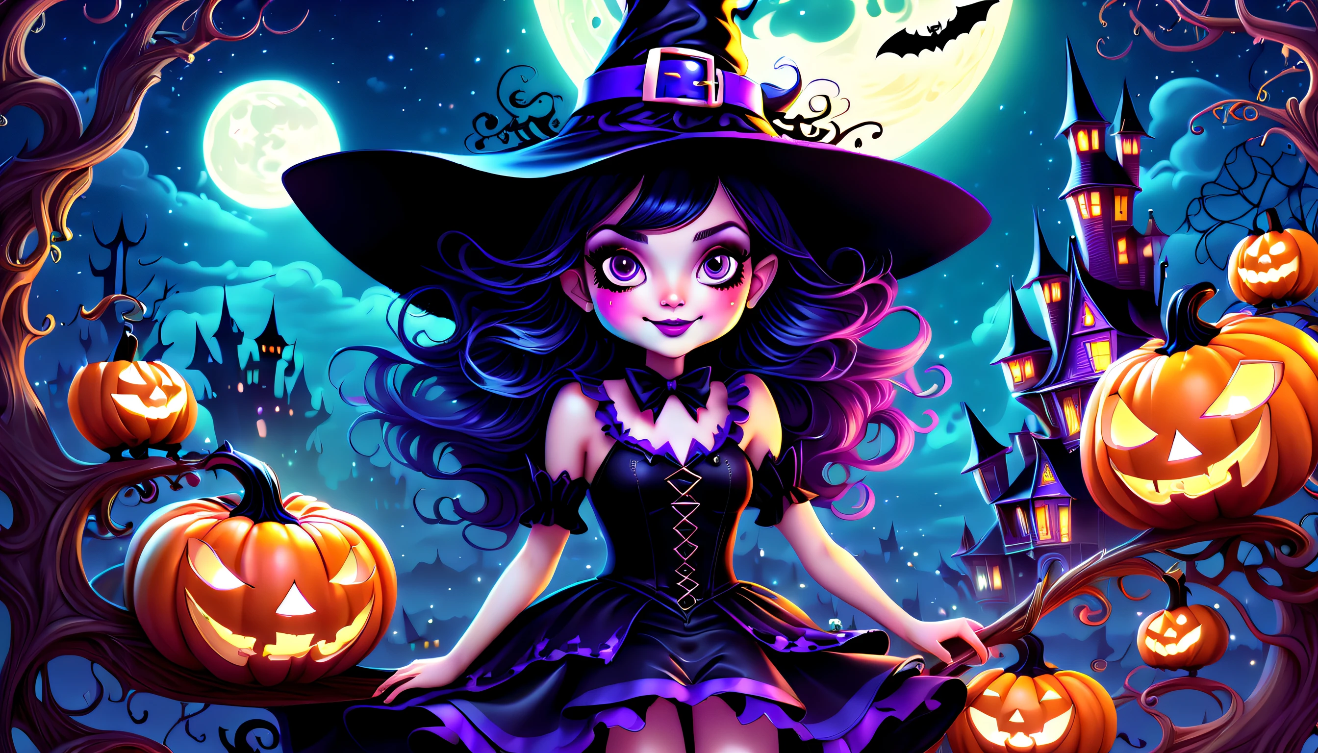 ((happy-halloween Insanely cute witch girl:1.3)), (whimsical and enchanting fairytale-inspired illustration:1.3), vibrant cute, celebrate the spookiest night, brought to life through stunning visuals and intricate details, charm and nostalgia ghost, mystical presence, vivid world of astral noir, vibrant world of astral noir lighting, conceptual contrast, (((stunning intricate detailed 32k render:1.3))), (((intricate insane details:1.3))), (((extremely incredibly detailed:1.3))), allure of fantasy with the dynamic energy of the digital realm,