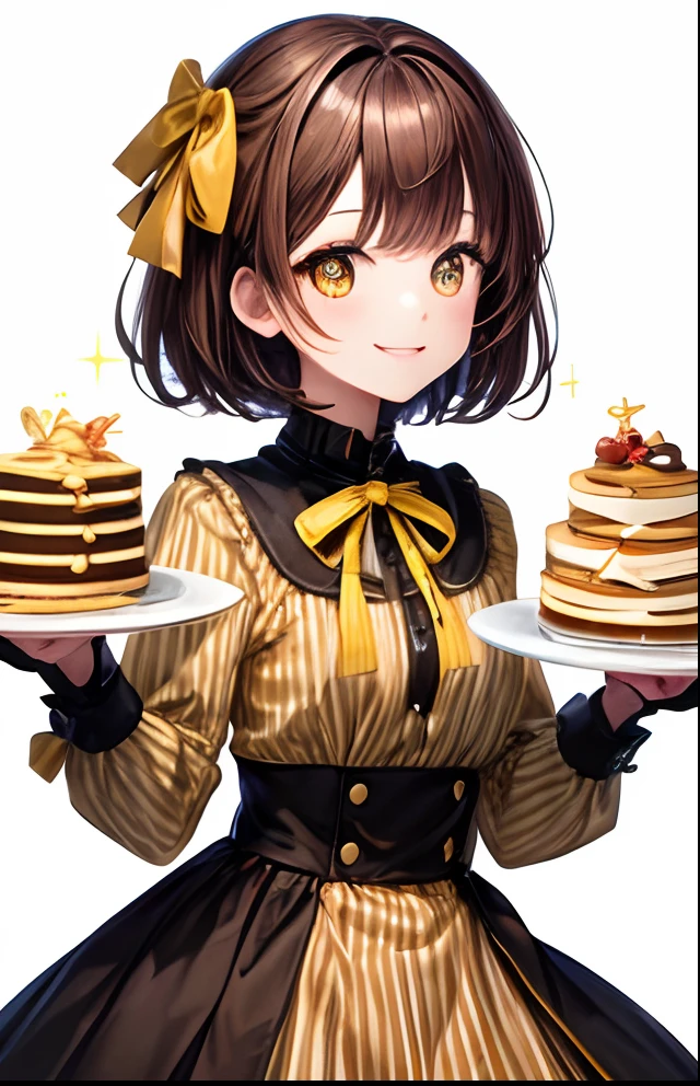 girl with、No background、without background、Background through、Brown-haired hair、brown haired、short-cut、Subject bangs、Aligned bangs、Sareme、Eyes are yellow、Yellow eyes、Eyes sparkle、Sparkling eyes、Brown striped dress、Brown dress、long-sleeve、bow ribbon、crepe、pancake、A smile、kawaii、without background