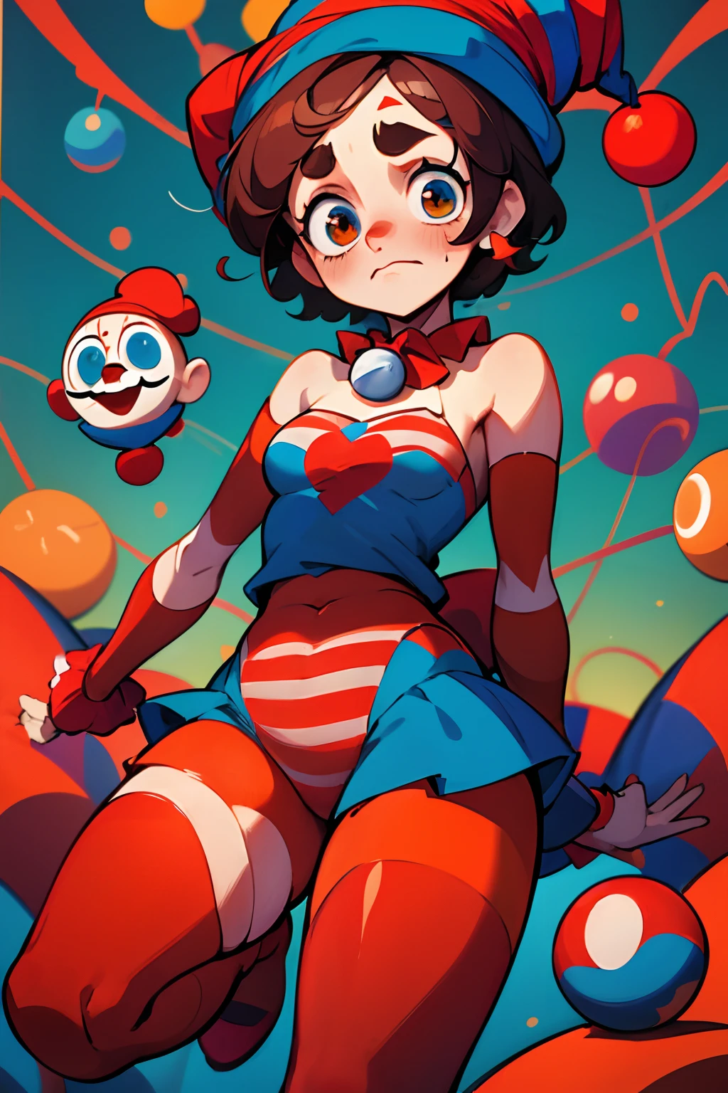 clown girl, clown hat, brown hair, scared face, scared pose, red and blue outfit with round shoulders and thighs, cartoon character of a clown and a red and blue outfit in short, cutecore clowncore, y 2 k cutecore clowncore, jester themed, animation character, clown girl