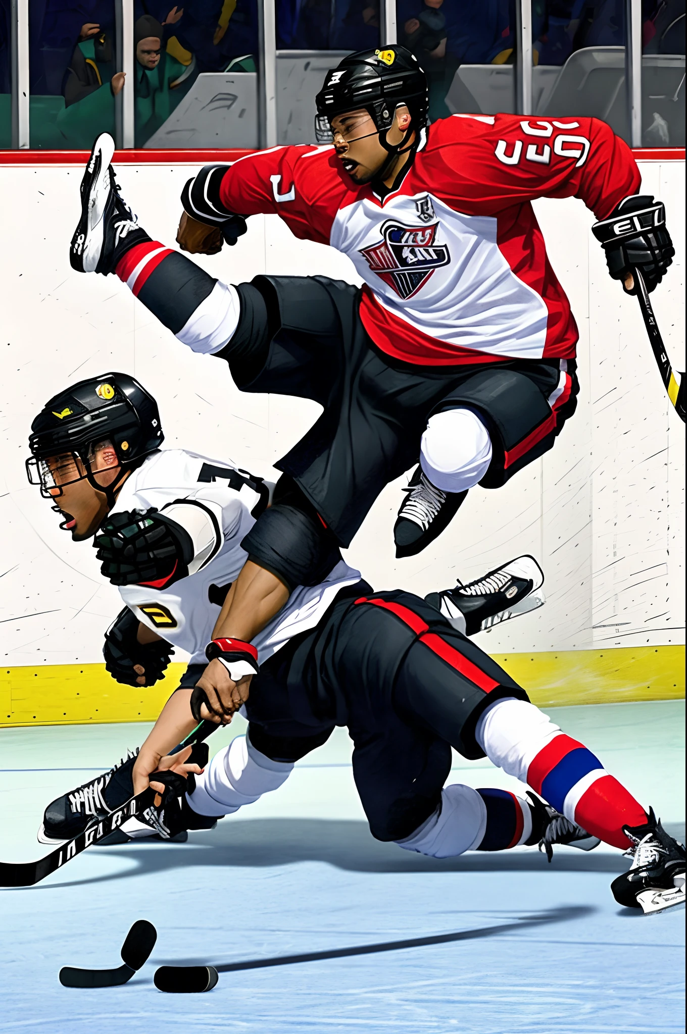 Black hockey player kicking white hockey player in throat