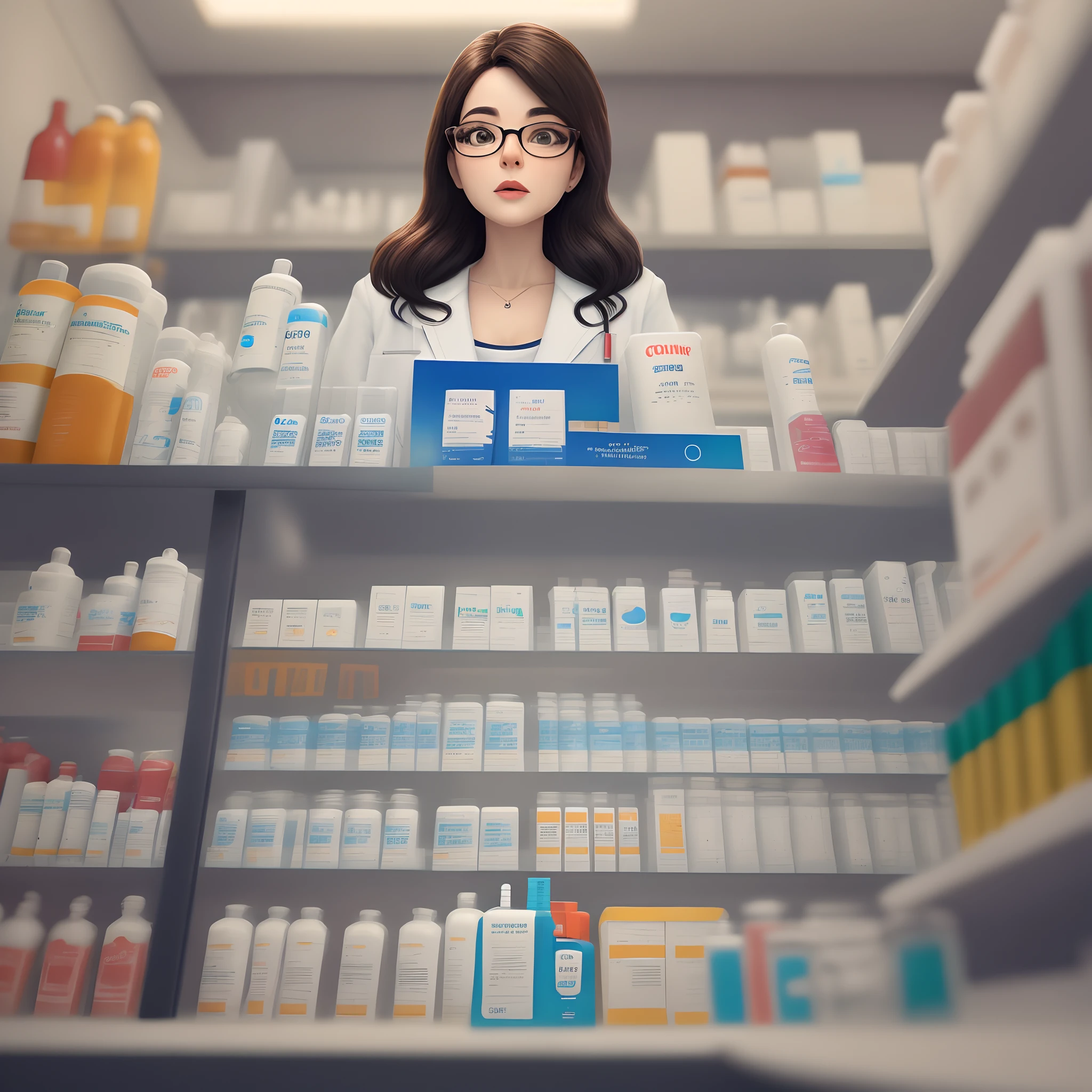 Create image on Disney Pixar template with a white pharmacist, cabelos negros, square and black glasses, jaleco branco. Name of pharmacy is SuperPharma.