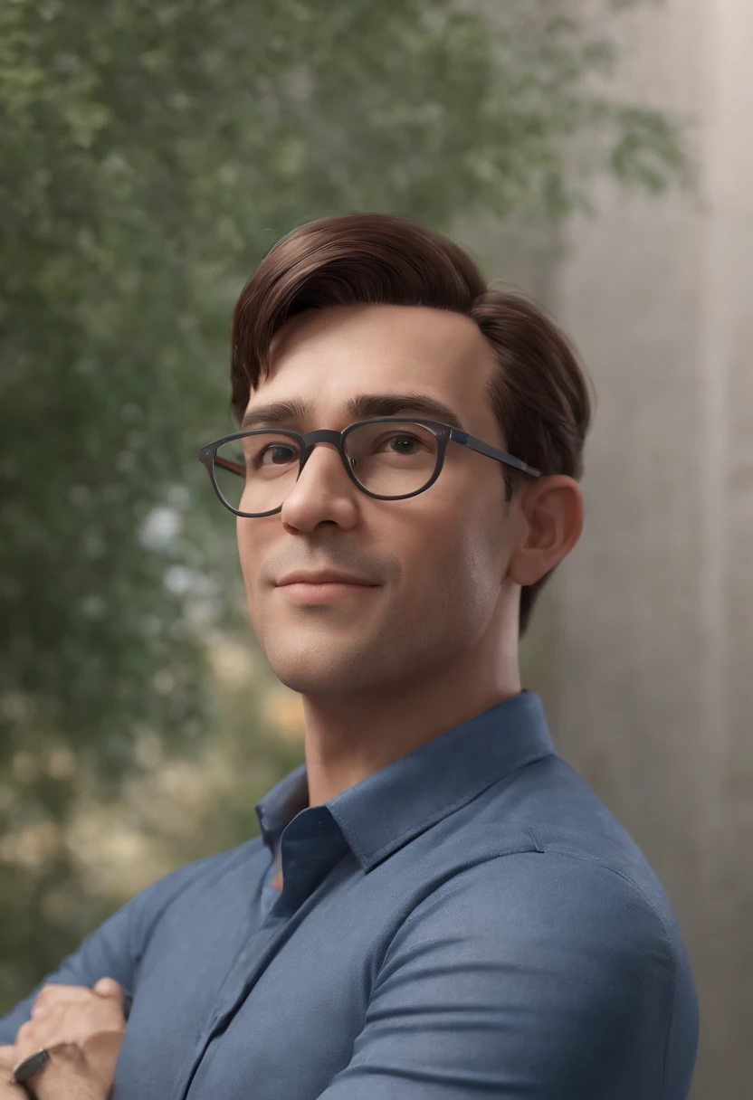 Cartoon character of a man wearing black glasses and a blue shirt, um personagem animado, Caractere estilizado, animation style rendering, 3D estilizado, Arnold Maya render, 3 d render stylized, toon render keyshot, Personagem 3D, Personagem 3D, 3d rendering stylized, 3 d character render, personagem de desenho animado, Personagem de close up, Pose de personagem, (Estilo Pixar) (master part:1.2) (Bokeh) (best quality) (pele detalhada) (textura detalhada) (8k) (argila) (Cinematic lighting) (foco nítido,Senta e vaza a parte superior do corpo
