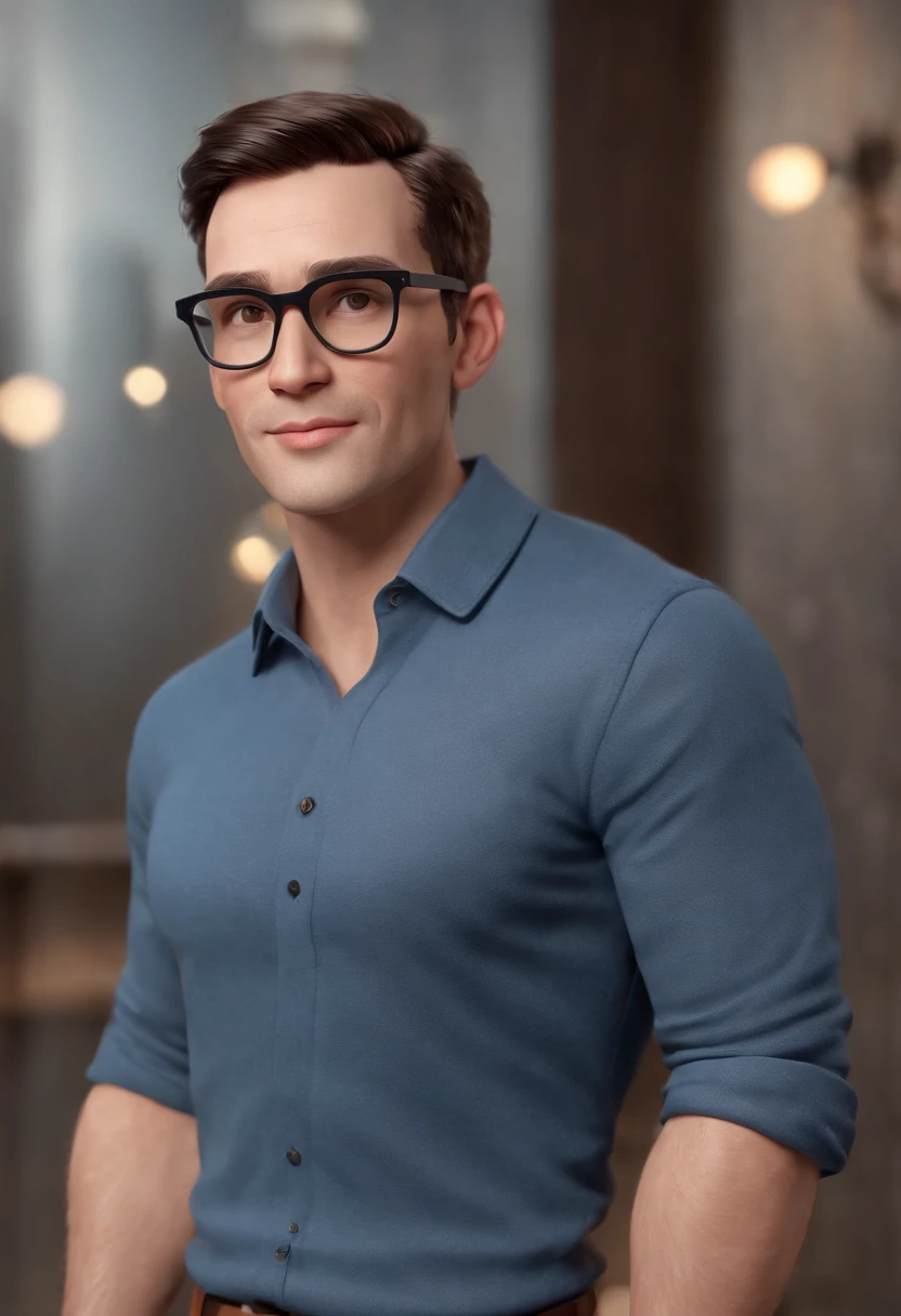 Cartoon character of a man wearing black glasses and a blue shirt, um personagem animado, Caractere estilizado, animation style rendering, 3D estilizado, Arnold Maya render, 3 d render stylized, toon render keyshot, Personagem 3D, Personagem 3D, 3d rendering stylized, 3 d character render, personagem de desenho animado, Personagem de close up, Pose de personagem, (Estilo Pixar) (master part:1.2) (Bokeh) (best quality) (pele detalhada) (textura detalhada) (8k) (argila) (Cinematic lighting) (foco nítido,Senta e vaza a parte superior do corpo