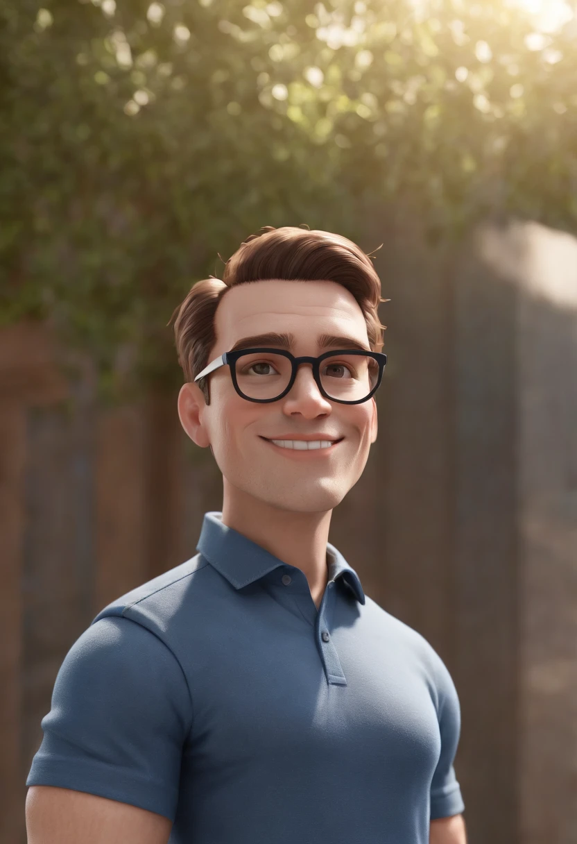 Cartoon character of a man wearing black glasses and a blue shirt, um personagem animado, Caractere estilizado, animation style rendering, 3D estilizado, Arnold Maya render, 3 d render stylized, toon render keyshot, Personagem 3D, Personagem 3D, 3d rendering stylized, 3 d character render, personagem de desenho animado, Personagem de close up, Pose de personagem, (Estilo Pixar) (master part:1.2) (Bokeh) (best quality) (pele detalhada) (textura detalhada) (8k) (argila) (Cinematic lighting) (foco nítido，Senta e vaza a parte superior do corpo