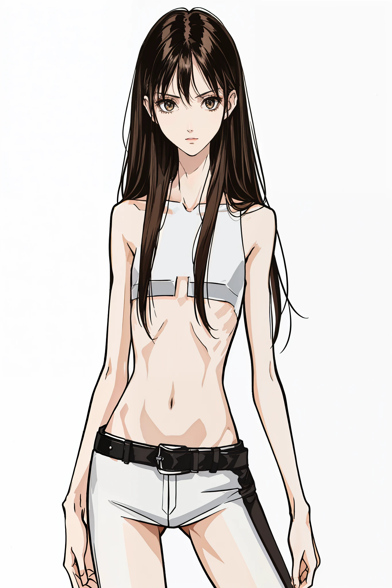 Very very so skinny young woman, very beautiful skinny Charli D'amelio, ((Charli D'amelio)), ((so very skinny girl: 1.3)), ((anorexic beautiful model: 1.3)), skinny girl of 20 years old, black long hair, black hair, Straight Hair, ((beautiful very skinny girl)), naked, ((very fine and very small waist)), ((very very small waist: 1.3)), ((so very tiny waist)), ((ribs visible: 1.2)), Very thin and delicate face, thin arms, thin legs, fine and beautiful face. ((Very very skinny and fine body)), small breats. ((Anorexic skinny girl: 1.3)), realistic, HD, 8k, high quality. ((Very anoréxic skinny body)). Very thin and delicate face, small nose, white background, (brown eyes), very beautiful skinny and malnourished girl, so very anoréxic beautiful girl. young woman with an ectomorphic body type, ((a thin belt extremely adjusting the tiny waist: 1.3))