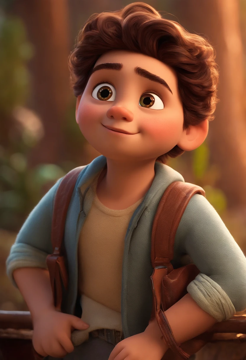 Um jovem branco de cabelo curto crespo olhos marron, Dream photographer inspired by Pixar animation, de perto. The character takes center stage with captivating facial expressions, oferecendo um toque de irrealidade
