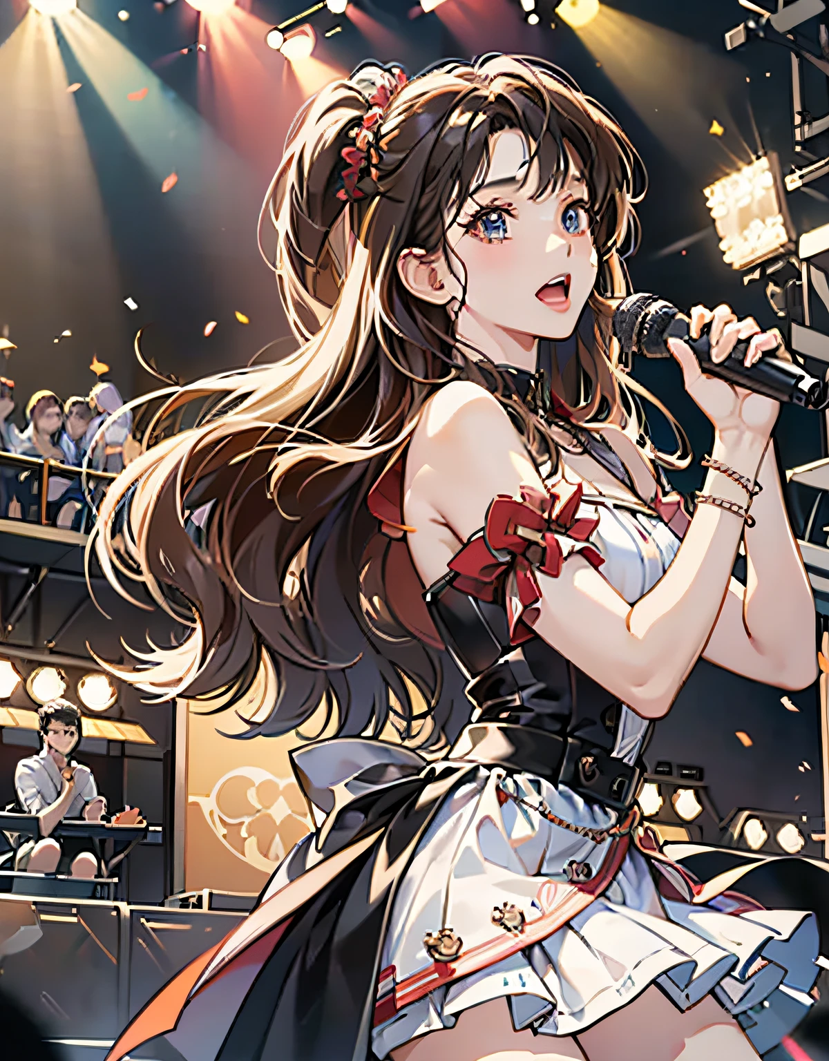 Masterpiece, realisitic, Photorealistic, Anime style, Detailed prompts for illustrations of idol singers singing live on stage:

An idol singer is standing in the center of the stage.
Idol singers wear skirts and boots.
Idol singer has her long hair down..
Idol singer sings with microphone in hand.
Idol singers move their bodies in time with the lyrics.
Fans gather around the idol singer.
Fans are rooting for the idol singer..
The stage shines brightly.
There is a large screen behind the stage.
The image of the idol singer will be displayed on the screen..
The singing of idol singers echoes throughout the venue.
Fans are intoxicated by the singing voice of the idol singer..
Idol singers are bringing joy to their fans.
This illustration expresses the idol singer's passion for live performances. Fans are fascinated by the singing ability and performances of idol singers. Idol singers are bringing joy to their fans.