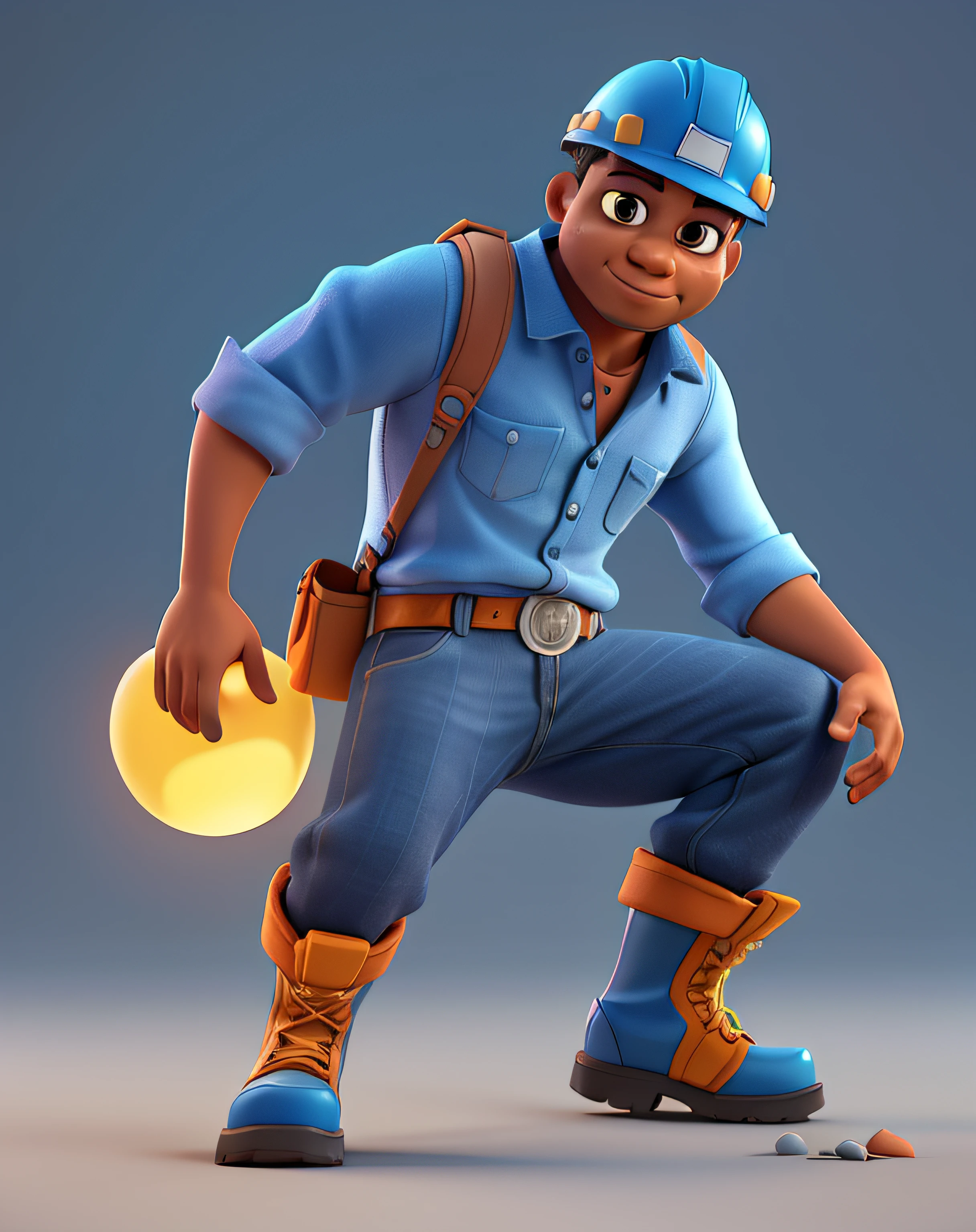 Cartoon character of a black man architect with construction helmet without glasses and a blue shirt and safety boots, animation character, Caractere estilizado, animation style rendering, 3D estilizado, Arnold Maya render, 3 d render stylized, toon render keyshot, Personagem 3D, Personagem 3D, 3d rendering stylized, 3 d character render, personagem de desenho animado, Personagem de close up, Pose de personagem, (Estilo Pixar) (master part:1.2) (Bokeh) (best quality) (pele detalhada) (textura detalhada) (8k) (argila) (Cinematic lighting) (foco nítido