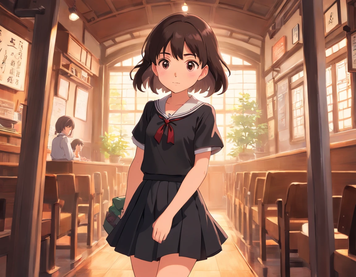 A cute girl, a baby face anime girl, anime girl, cute, a school girl, a girl wearing whiteand black skirt.