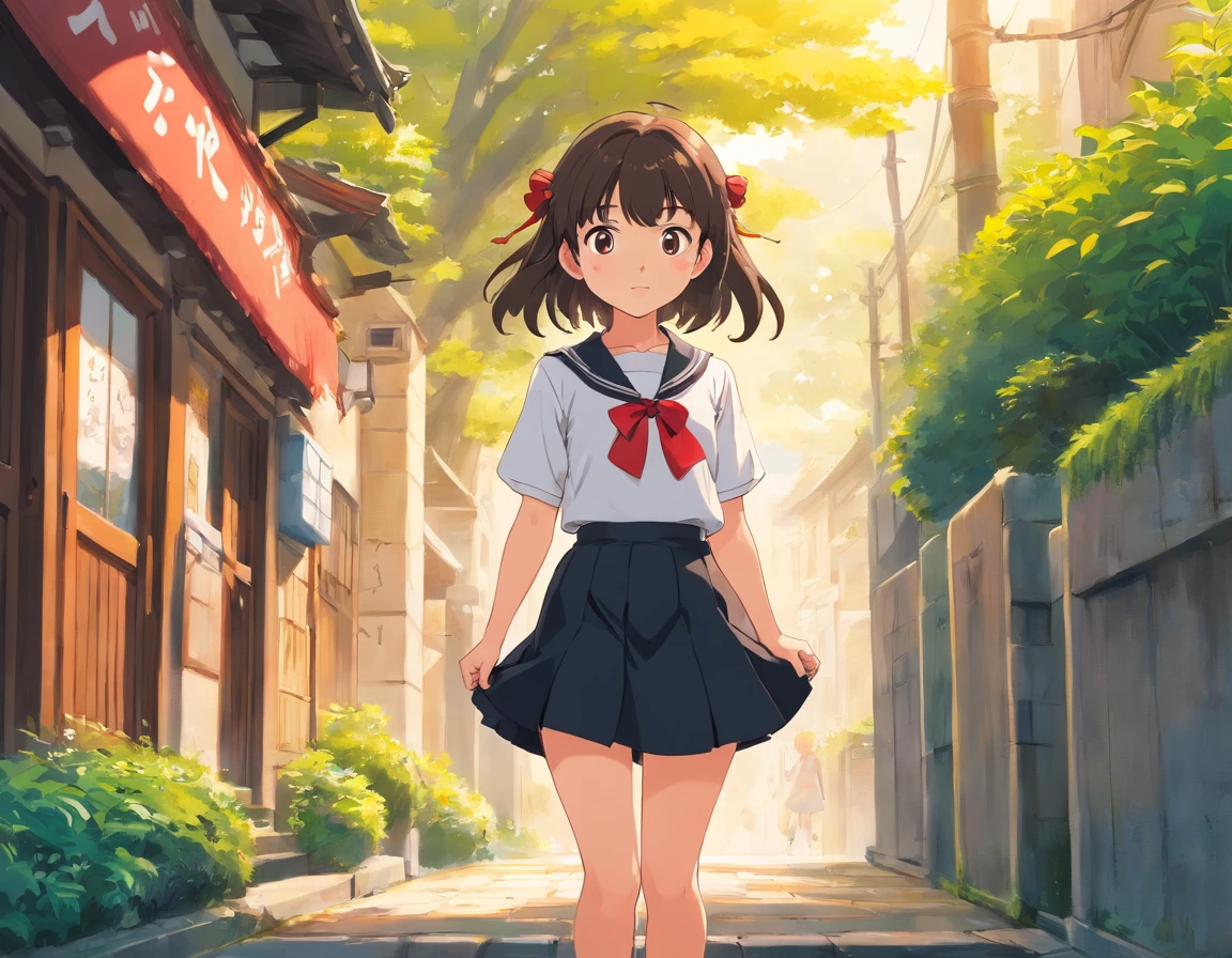 Anime girl in a short skirt and white shirt walking down a street ...