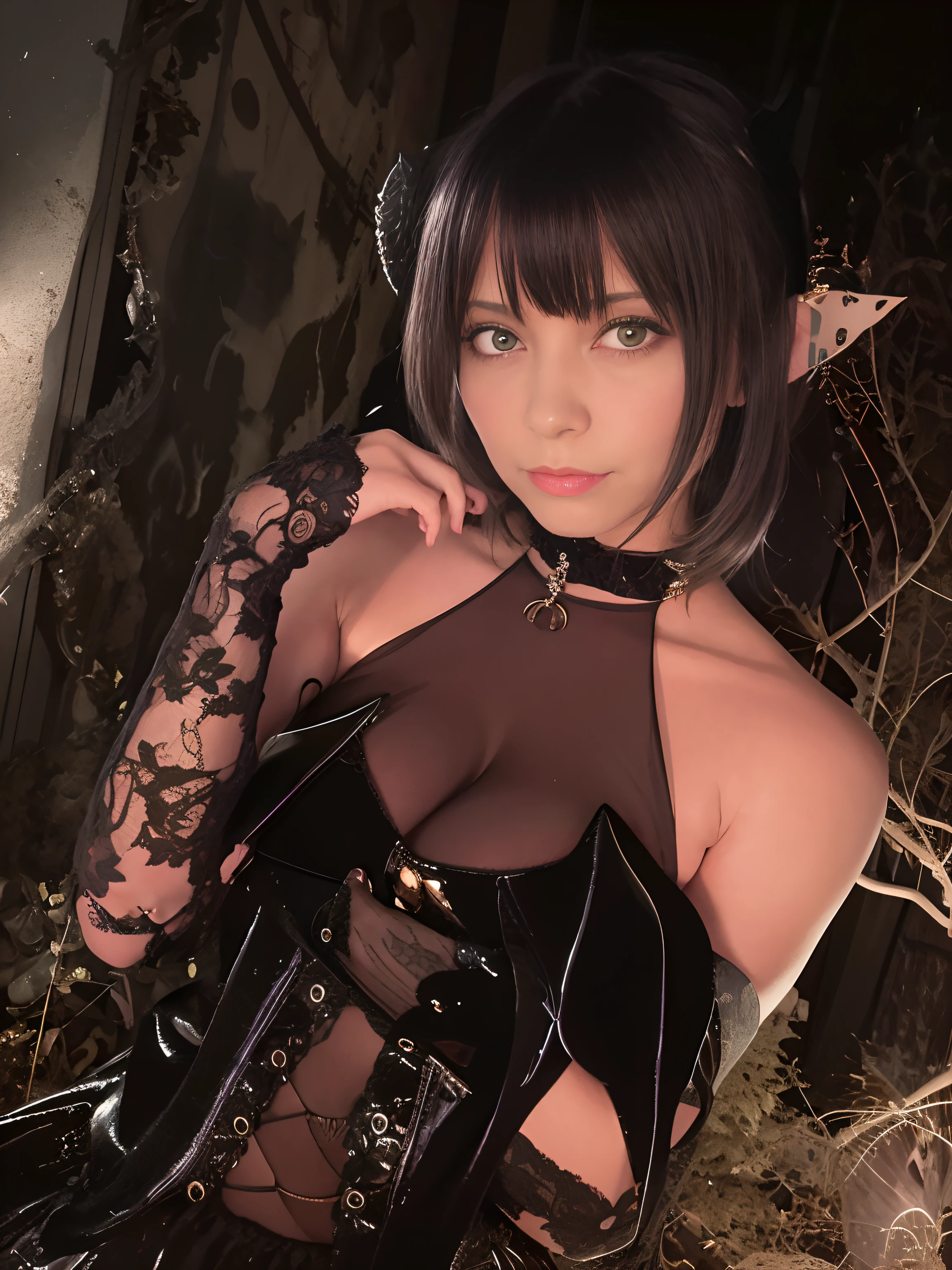 there is a woman in a black dress posing for a picture, succubus in tight short dress, a beautiful succubus, Succubus | Medieval, Succubus, Anime girl cosplay, attractive cat girl, cosplay foto, anigirl batman, cosplay of a catboy! maid! Dress, mika kurai demon, v from devil may cry as an elf, 2 b