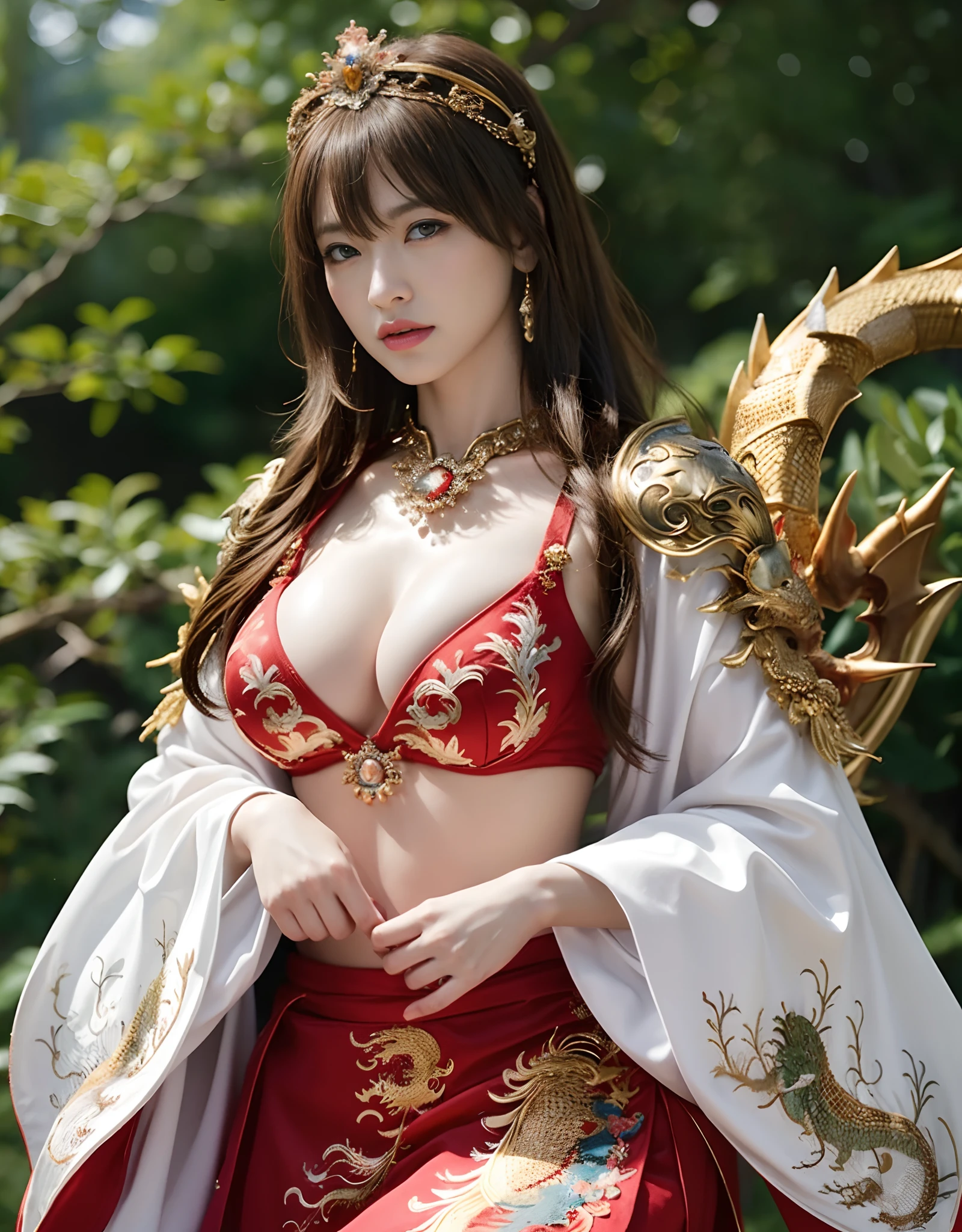 (Fight fiercely with dragons)、top-quality、​masterpiece、超A high resolution、（White Dragon Armor）、(((Colossal tits))),dragon armor、(Wearing a beautiful crown made of jewels),(Photorealsitic:1.4)、Raw photo、女の子1人、Golden hair、((Floral hair ornament))),glowy skin、(((Chinese Dragon)))、（Gorgeous Jewelry Necklaces）、Natural remains、（Mystical expression）、（Full Body Angle）、（Fight big dragons）、With a beautiful knife、(((Mansuji))),（Pink Metal Bikini）、(beautiful forest background)、Precipitous cliffs、(Castle background)、((super realistic details))、portlate、globalillumination、（sexypose）、Shadow、octan render、（One-Eyed Scouter）、8K、ultrasharp、Colossal tits、Raw skin is exposed in cleavage、metals、Details of complex ornaments、Japan details、highly intricate detail、Realistic light、CGSoation Trends、Blue eyes、radiant eyes、Facing the camera、Precipitous cliffs、Toostock、（Full Body Angle）、（veils）、(((Heavy Big))),