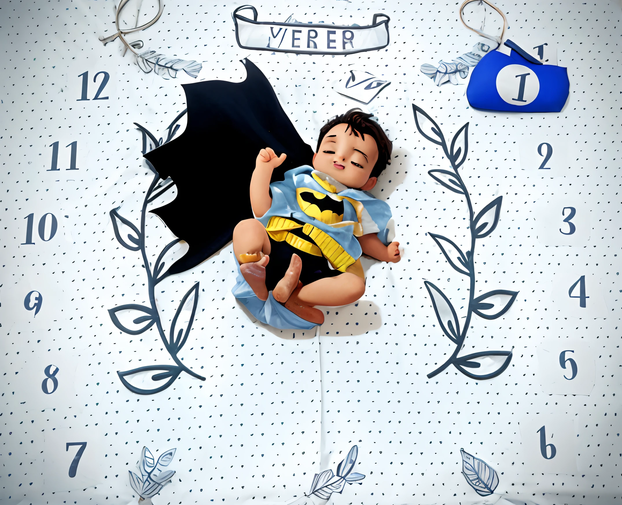 A child lying on a white bed, vestindo roupa de batman