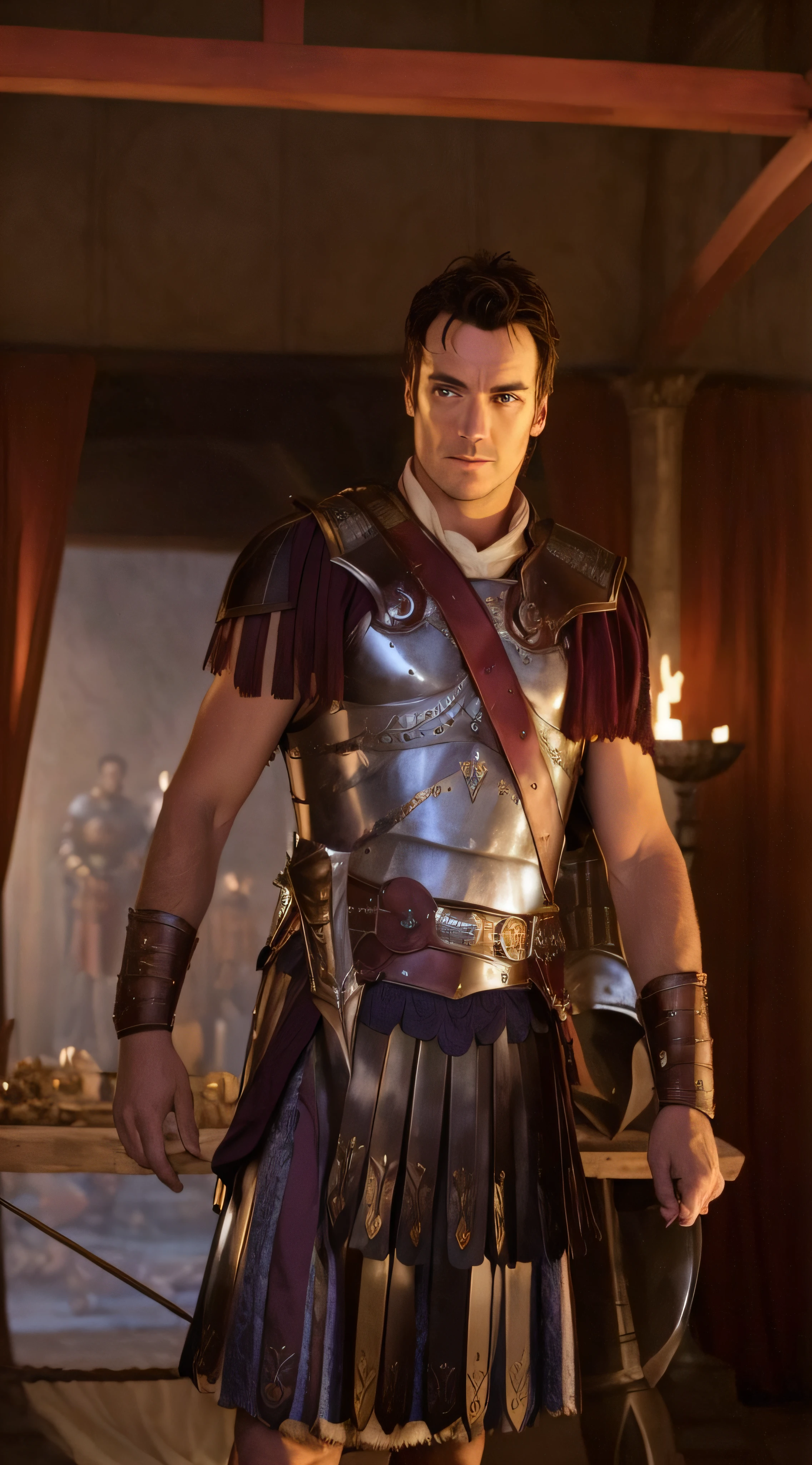 arafed man in a gladia costume standing in a room, dressed in roman armour, nathan fillion, roman armor, arsen lupin as a paladin, maximus jacobs, luke evans, gladiator armor, roman gladiator, gladiator, roman centurion, ares with heavy armor and sword, traditional roman armor