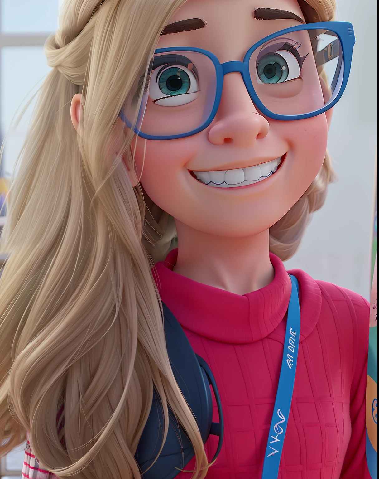 Poster no estilo Disney pixar, alta qualidade, melhor qualidade, mulher , Skinny Glasses, 33 anos cabelo loiro, com fundo em uma escola infantil, with children in the background