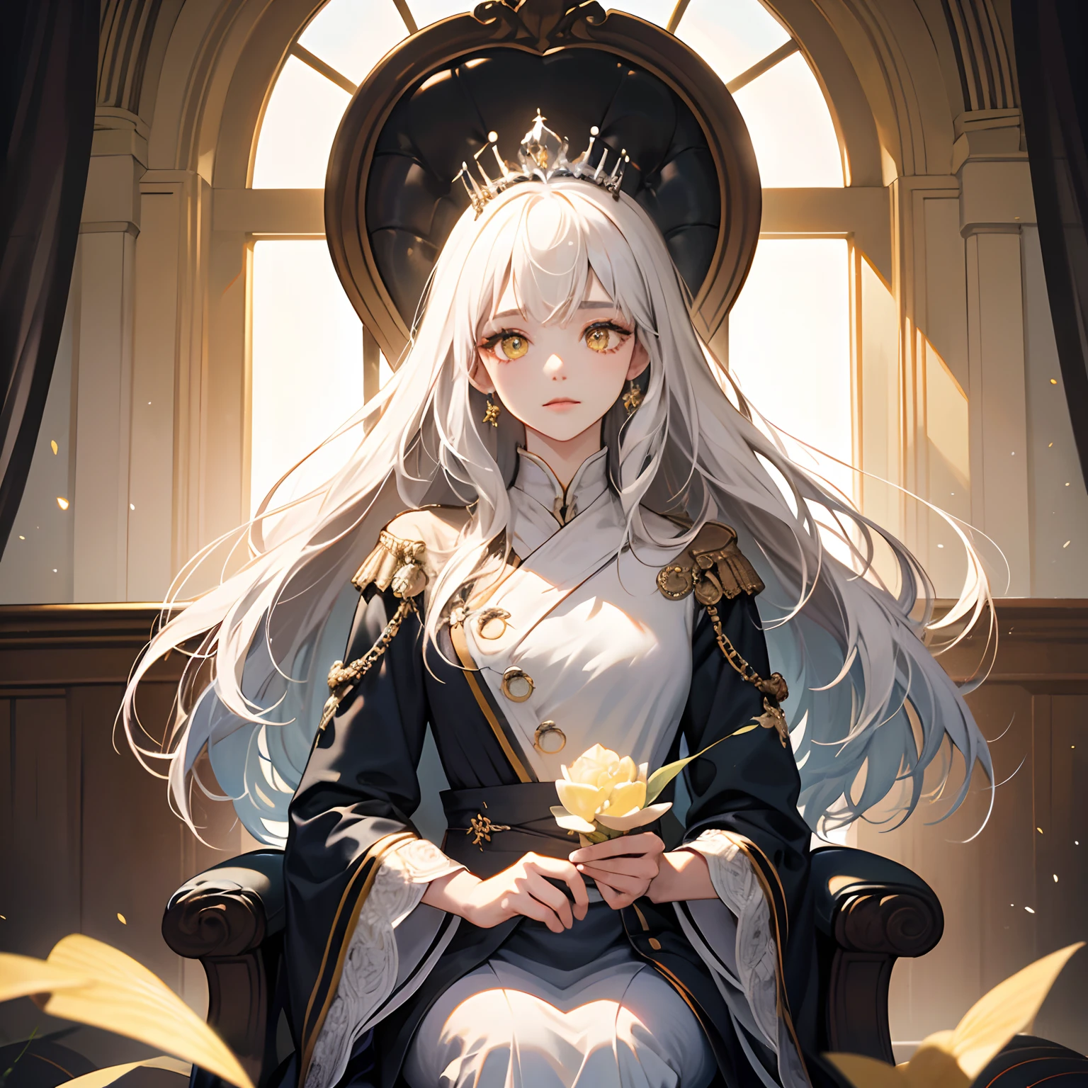 (masterpiece:1.2)、top-quality、(illustratio:1.2)、(ultra-detailliert)、Hyper-detailing、(delicate detail)、(intricate detailes)、(ciinematic light、best quality backlight)、Clear Line、frombelow、soloist、the perfect body、(1girl in)、White hair and yellow eyes、(the emperor、Black see-through clothes)、(diadems:1.1)、Sit on the throne、Condescending eyes、Keep your head down、(full of shyness:1.2)、(makeup)、highly contrast、(The best lighting、Very creative and beautiful)、 (Cinematic light)、colourfull、
