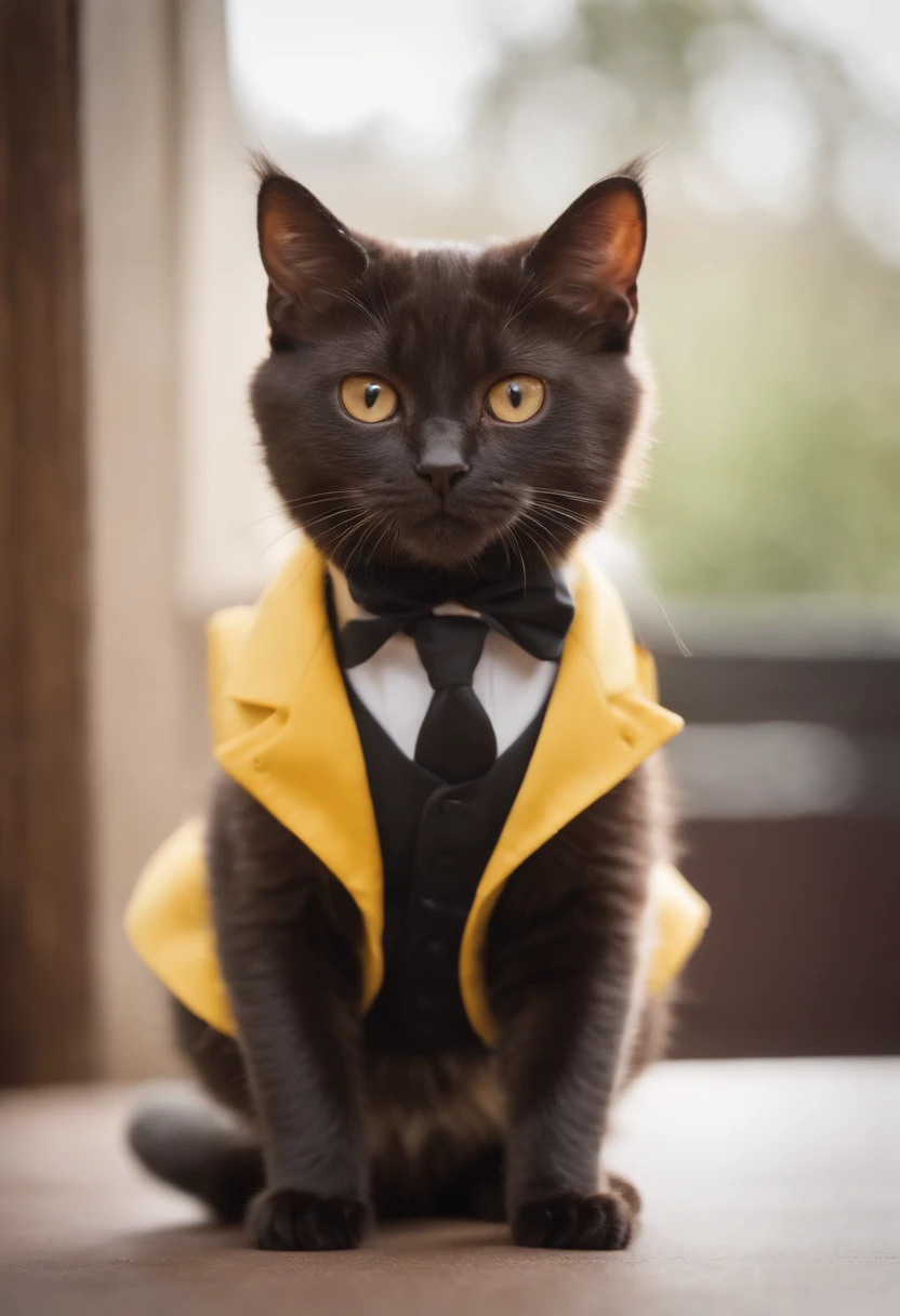 Perfect centering, cute little cat, A yellow tuxedo suit, Wearing a black hat, cheerfulness, Standing position, Abstract beauty, Centered, Looking at the camera, Facing the camera, nearing perfection, Dynamic, Highly detailed, smooth, Sharp focus, 8K