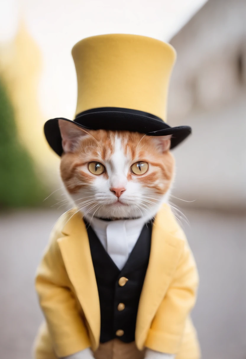 Perfect centering, cute little cat, A yellow tuxedo suit, Wearing a black hat, cheerfulness, Standing position, Abstract beauty, Centered, Looking at the camera, Facing the camera, nearing perfection, Dynamic, Highly detailed, smooth, Sharp focus, 8K