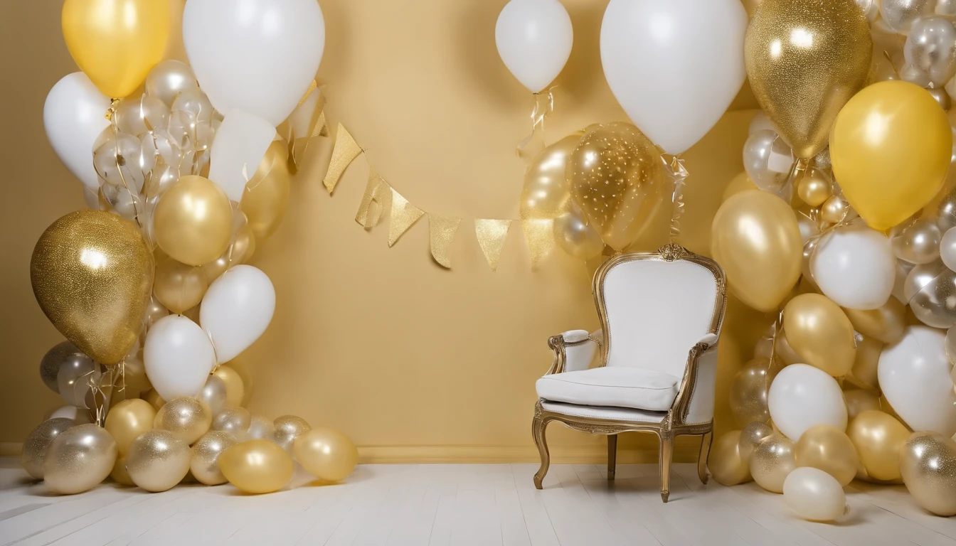 "RAW images, The most beautiful, masterpiece, best quality, high quality, extremely detailed,ARAFE balloon arch with yellow and white balloons and cream and gray happy birthday triangle string, yellow and white, Gold decoration, party balloons, White and yellow color scheme, White and yellow, decorative gold, Gold theme, Cream Color Room, balloons, decorate, Decoration around the room, balloons, Lavish décor, Luxurious environment, Ornate and flexible, elegant and ornate"