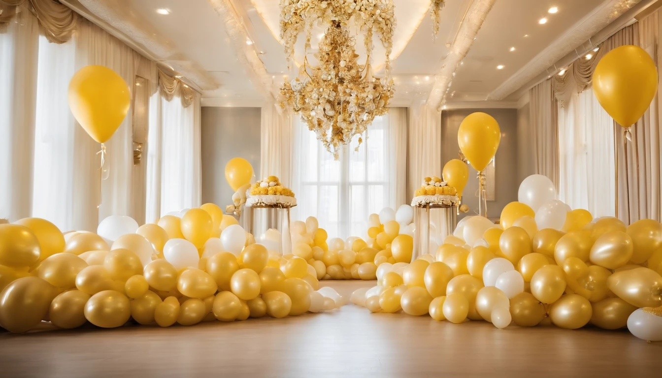 "RAW images, The most beautiful, masterpiece, best quality, high quality, extremely detailed,ARAFE balloon arch with yellow and white balloons and cream and gray happy birthday triangle string, yellow and white, Gold decoration, party balloons, White and yellow color scheme, White and yellow, decorative gold, Gold theme, Cream Color Room, balloons, decorate, Decoration around the room, balloons, Lavish décor, Luxurious environment, Ornate and flexible, elegant and ornate"