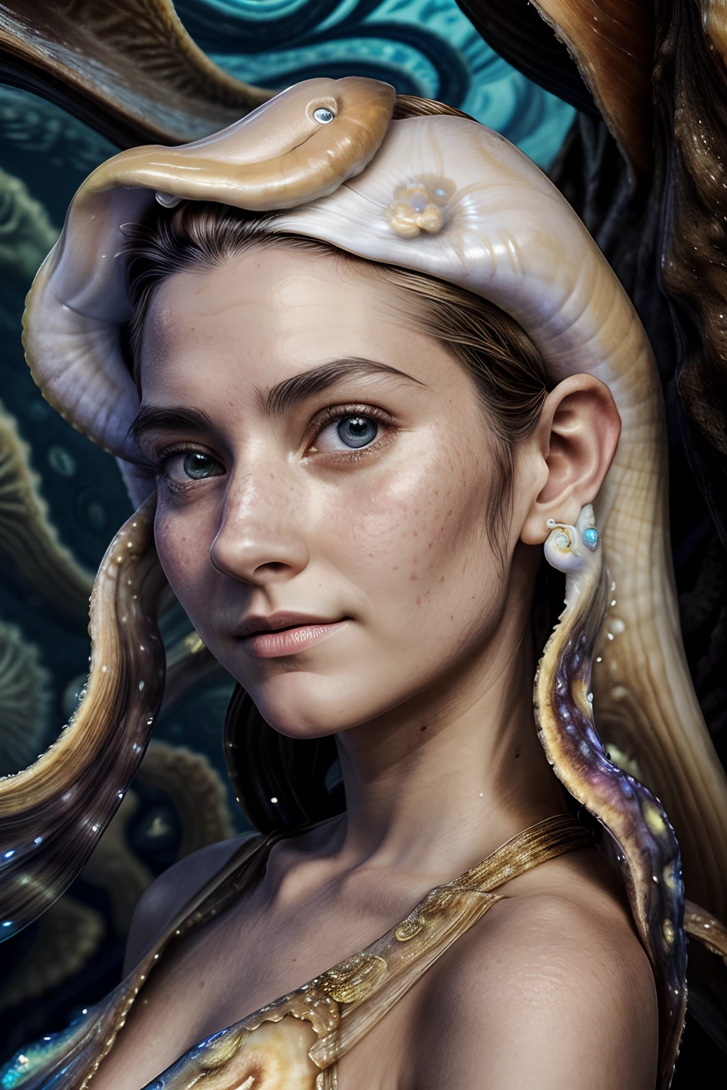 1 woman cuttlefish:1.2 , 30yo, selfie as a (human-sized cuttlefish:2.0), she's full fused into ((cuttlefish)), (stunning cuttlefish detail:1.7), eight arms and two tentacles, exterior open ocean, highly detailed texture,(chromatophores:1.8), dream-like, gorgeous color changes (metachrosis), Cephalopod:1.9, blue sky, open ocean, ((high contrast)), luminous, slippery, (deep, darkest shadows), (shadow details:1.0), ((taken using Leica camera, aperture: f/2.3)) ,(kkw-ph1:0.9), hyper-realistic skin, pores and freckles, (she has sand blonde hair, long, messy), her hair is pulled back over her ear, her ears are cuttlefish tentacles, cephalopod-like, shell ears, beautiful cephalopod, healthy sun-kissed skin, blushing, her arms and tentacles relaxed near around her, ,relaxed pose, she's in dark with natural light glow, radiant skin , sultry, tantalizing, perfectly framed face, perfect relaxed , perfect arms, (perfect portrait, incredible eyes:1.1), a work of art, beautiful composition, golden ratio, playful pleasure joy, inspiring, (highest quality fabric texture), every detail,Fine facial features – (Highest Quality) ,Leica camera film, High quality ○○ detailed – ○○ details ultra detailed(Ultra-fine ), Photorealistic, Extremely detailed(Extremely detailed) , (highest detail image, lens flare, realistic)○○ res – ○○ resolution ultra high res(A high resolution),playfully sexy and relaxed photos