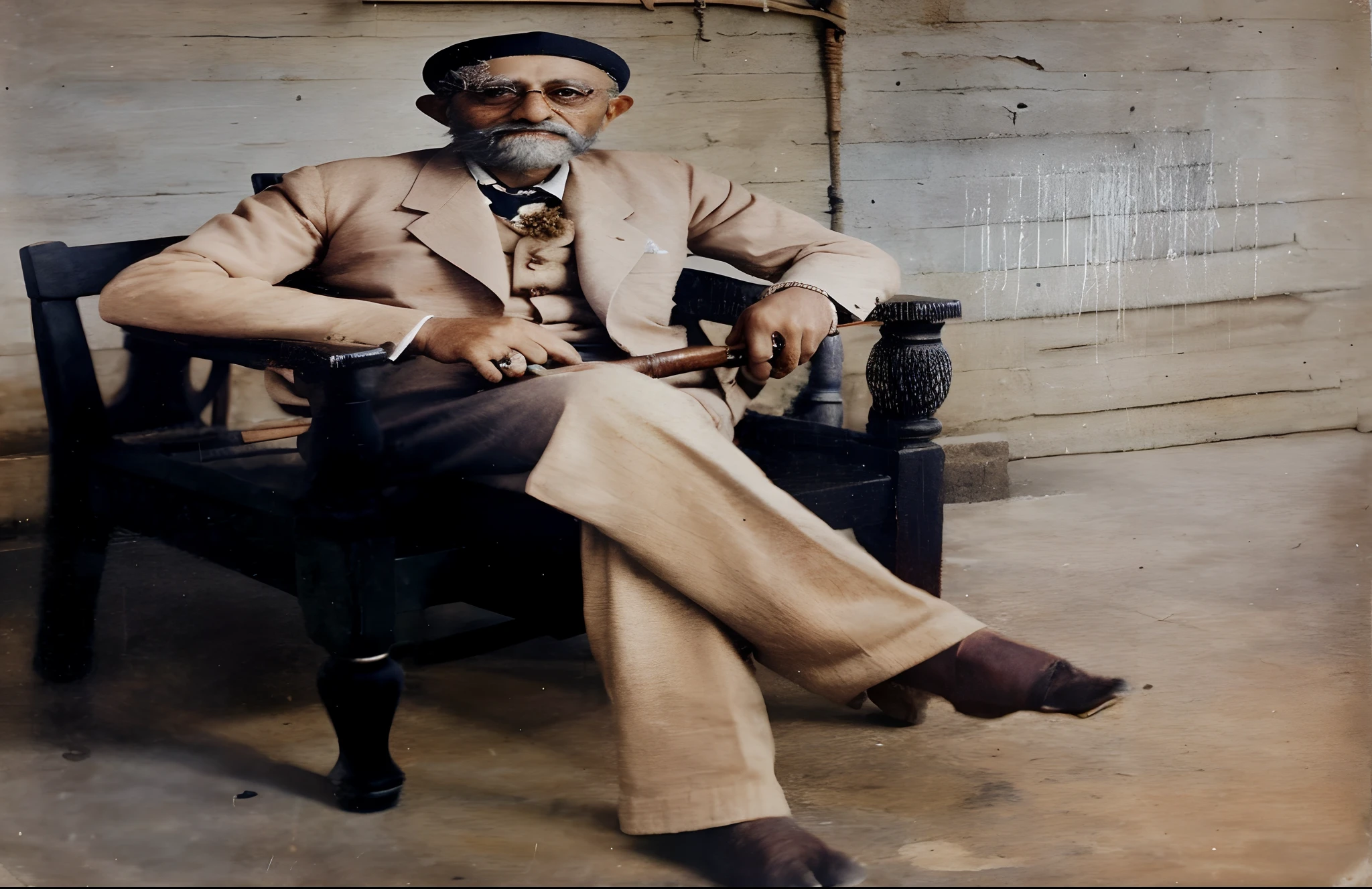 Man sitting on a chair with a cane and a cane, colorized photograph, hand dyeing, Una foto coloreada, Foto coloreada, old color photograph, Foto coloreada, foto coloreada, coloreado, Foto antigua en color, inspired by Carlos Francisco Chang Marín, foto en color, Single portrait, photography portrait, inspirado por Sardar Sobha Singh, Rare photography