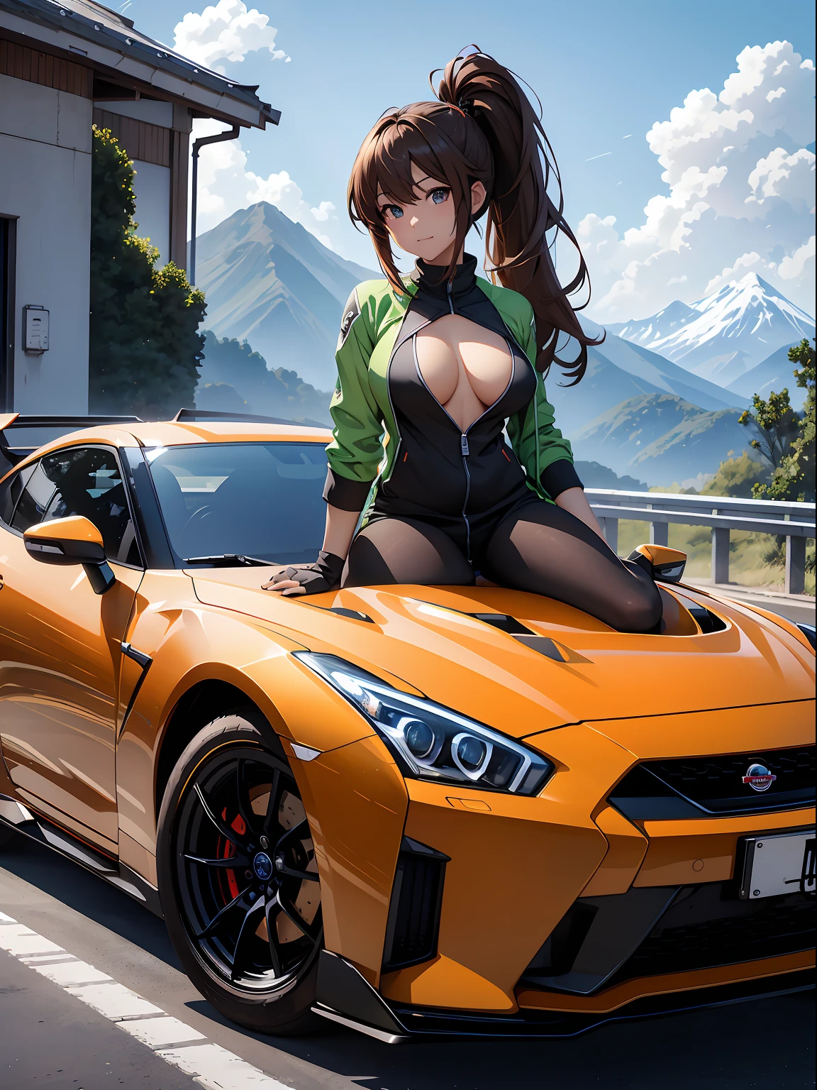 16K, HDR, ray tracing, RTX, ultra realistic, highres, wide angle shot, best quality, masterpiece, full body image, (perfect anatomy ), a cute girl for a photograph sitting on a Nissan gtr hood, wearing short sexy green track suit, big boobs, long brown hair, ponytail, bangs, happy chuckle, brown eyes, sexy body, looking at the camera, day time, blue sky, clouds, anime style, outdoors, trending on artstation, WLOP, sakimichan, award wining, great composition, perfect, great lighting, car girl, 1car, Nissan gtr, japan village, cute girl, mountain road, drift girl