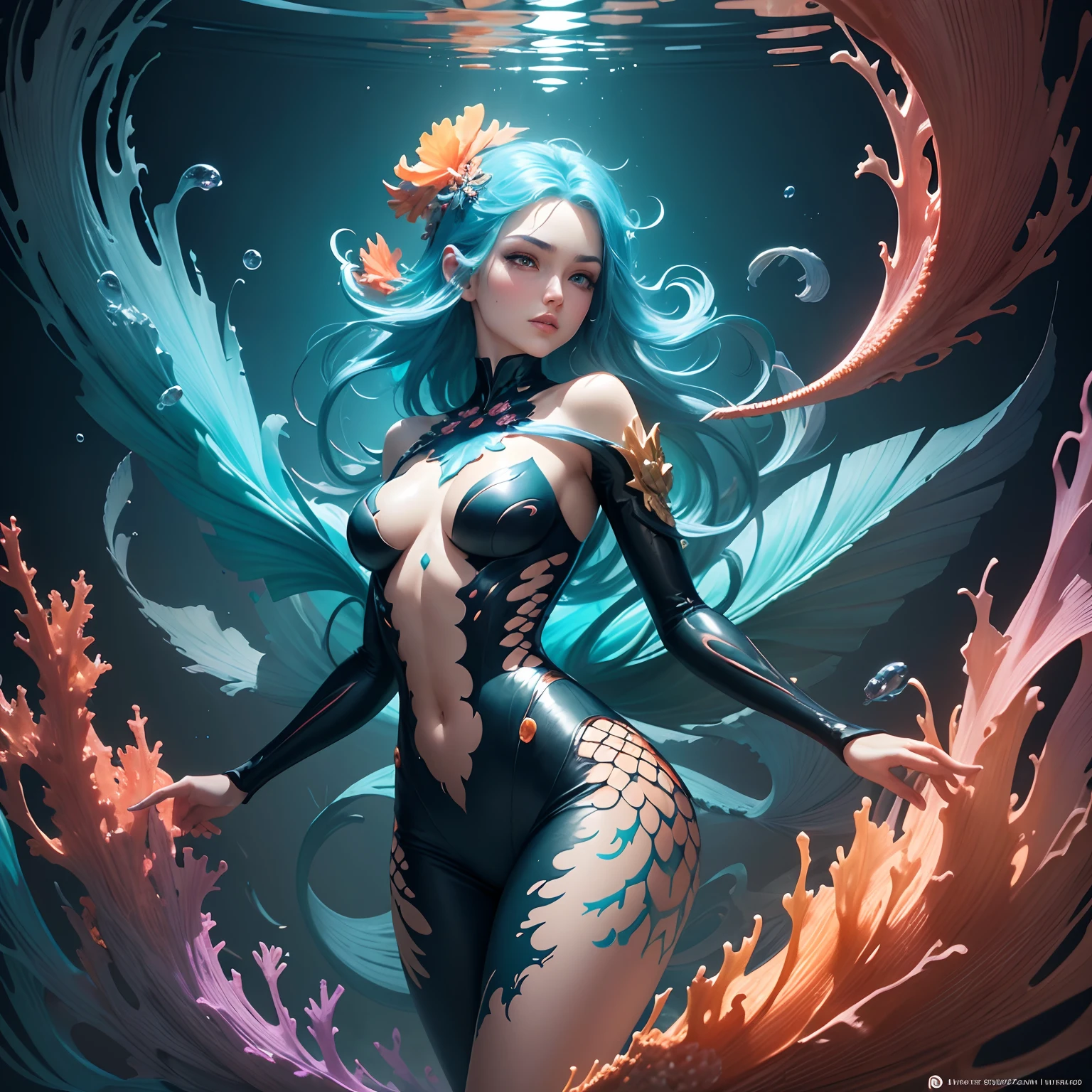 ModelShoot style, (Extremely detailed CG Unity 16k wallpaper), A chaotic storm of intricate liquid smoke in the head, Stylized abstract photo of mermaid, wetted skin,Koi,Beautiful koi,Flocks of koi,carp,Strange shaped corals,ocean floor,Beautiful coral reef in the background,Rochas,Marine life,colorful coral reef,Decorate with coral reefs,author:Petros Afshar, ross tran, tom whalen, Peter Mohrbacher, Art germ, ((bubbly underwater scenery)) Radiant light octane rendering is highly detailed, inspired by Yanjun Cheng, Beautiful digital artwork, Guviz-style artwork, 16K highly detailed digital art, Beautiful digital illustration, Cute detailed digital art, stunning digital illustration, A beautiful artwork illustration, Exquisite digital illustration,16k detailed digital art,