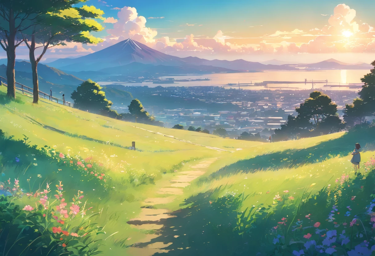 Fresh anime style，White clouds，Green meadow，In the distance there are hazy mountains，There are flowers and plants in the close-up，There is a tombstone on the grass，In Studio Ghibli style，(((High quality)))，coloring (vibrant images)，Cinematic lighting, Chiaroscuro,