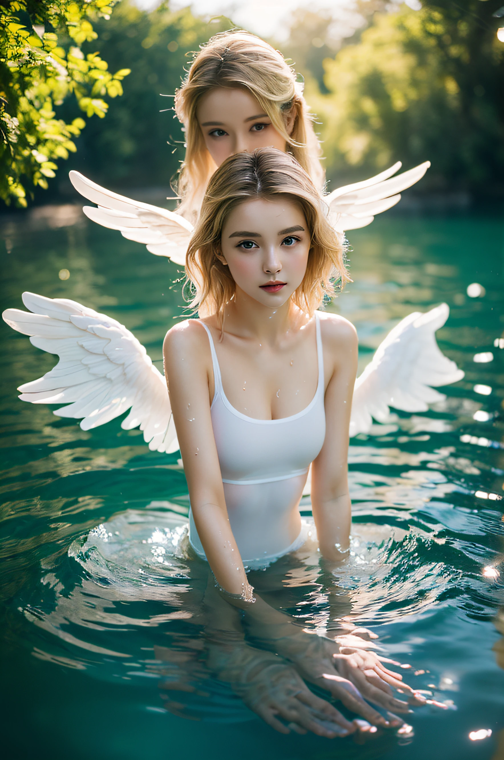 angel, wings, with blonde hair, perfect face, max details,, realism, max realism, realistic, ultra realistic ,8k uhd, small breast
gloriole on her head, nature light, wet tight yoga, legs in water, 🙏 hand pose