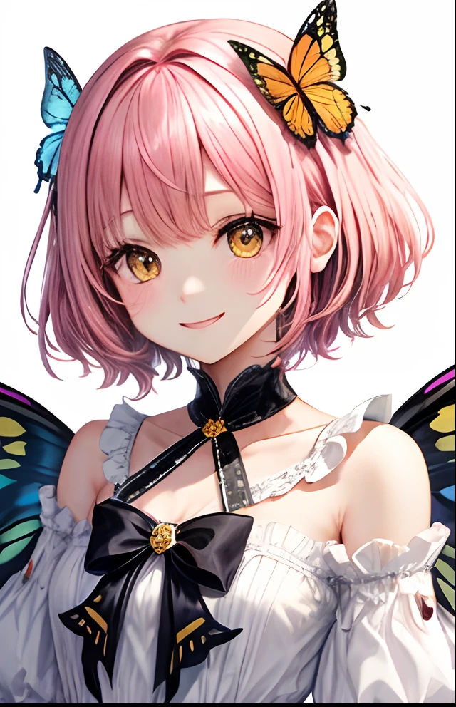 girl with、No background、without background、Background through、A pink-haired、Pink hair、short-cut、Subject bangs、Aligned bangs、Sareme、Eyes are yellow、Yellow eyes、Eyes sparkle、robe blanche、White dress、Shoulder out、shortsleeves、bow ribbon、butterflys々Feathers of、Butterfly wings grow、butterflys々、a smile、A smile、kawaii、without background