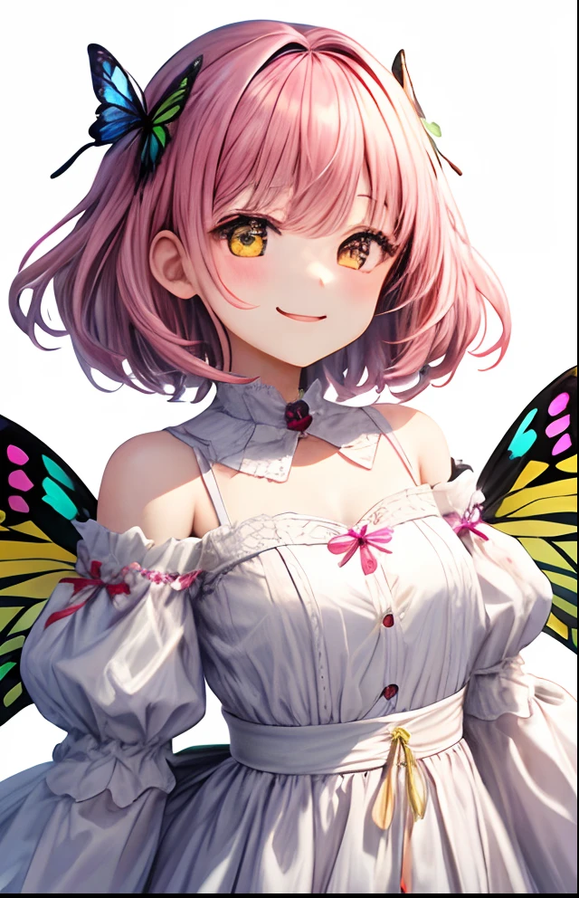 girl with、No background、without background、Background through、A pink-haired、Pink hair、short-cut、Subject bangs、Aligned bangs、Sareme、Eyes are yellow、Yellow eyes、Eyes sparkle、robe blanche、White dress、Shoulder out、shortsleeves、bow ribbon、butterflys々Feathers of、Butterfly wings grow、butterflys々、a smile、A smile、kawaii、without background
