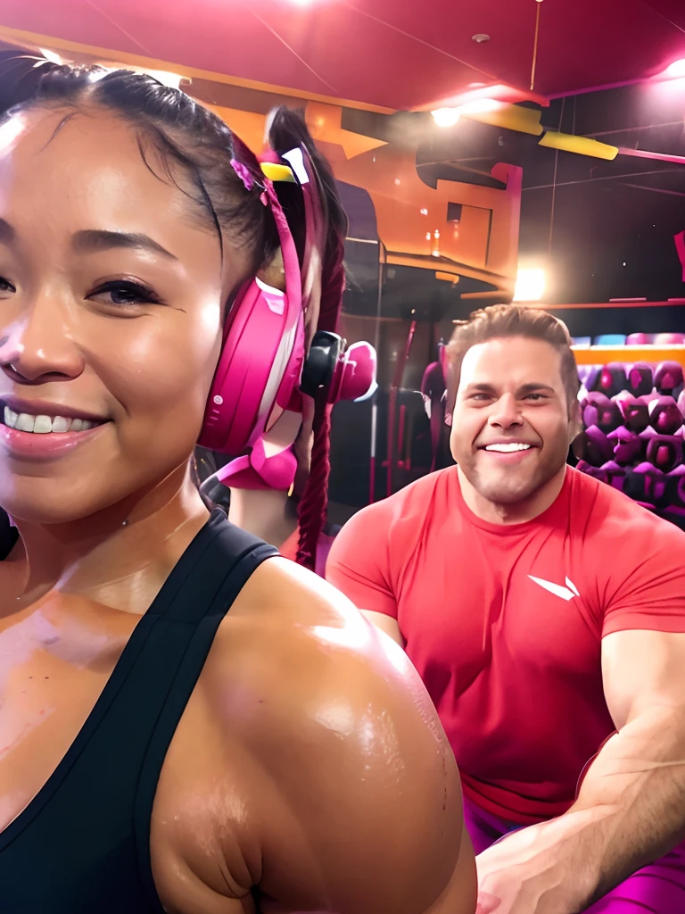 smiling woman in a gym with a man in the background, working out, in a gym, in a planet fitness, sweating hard, sweating, curvy crossfit build, sweaty and gross pioneer work, chun li at the gym, workout, 🤬 🤮 💕 🎀, by Nándor Katona, in the background, shoulders can be seen, photo from the back