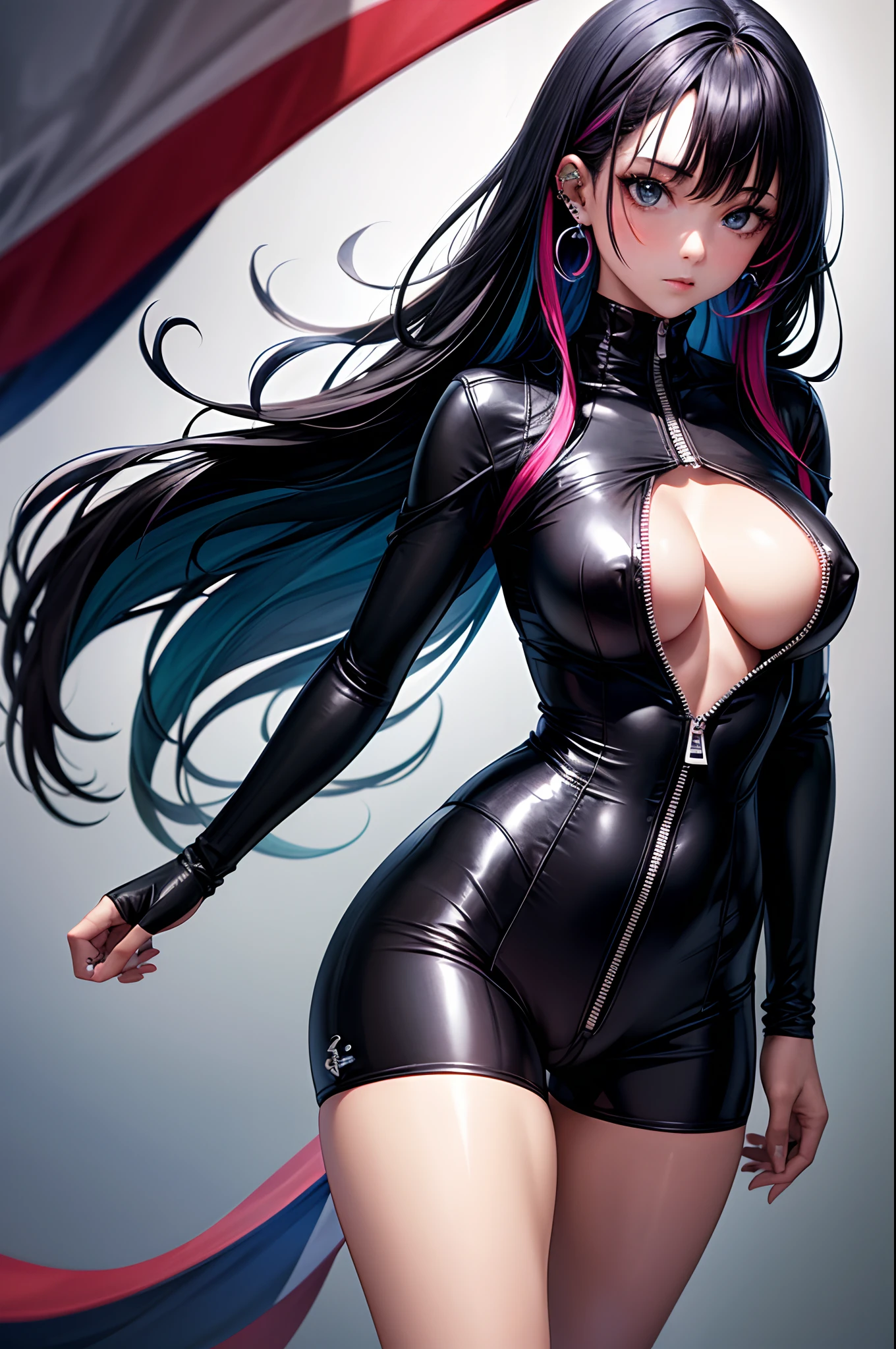 1girl, absurdres, high res, extremely detailed ultrasharp, 8K, masterpiece, looking at viewer, thighs, breasts, overboob, black hair, long hair, multicolored hair, bodysuit, naval, breast zipper, transparent, piercing, nose piercing, ear piercing