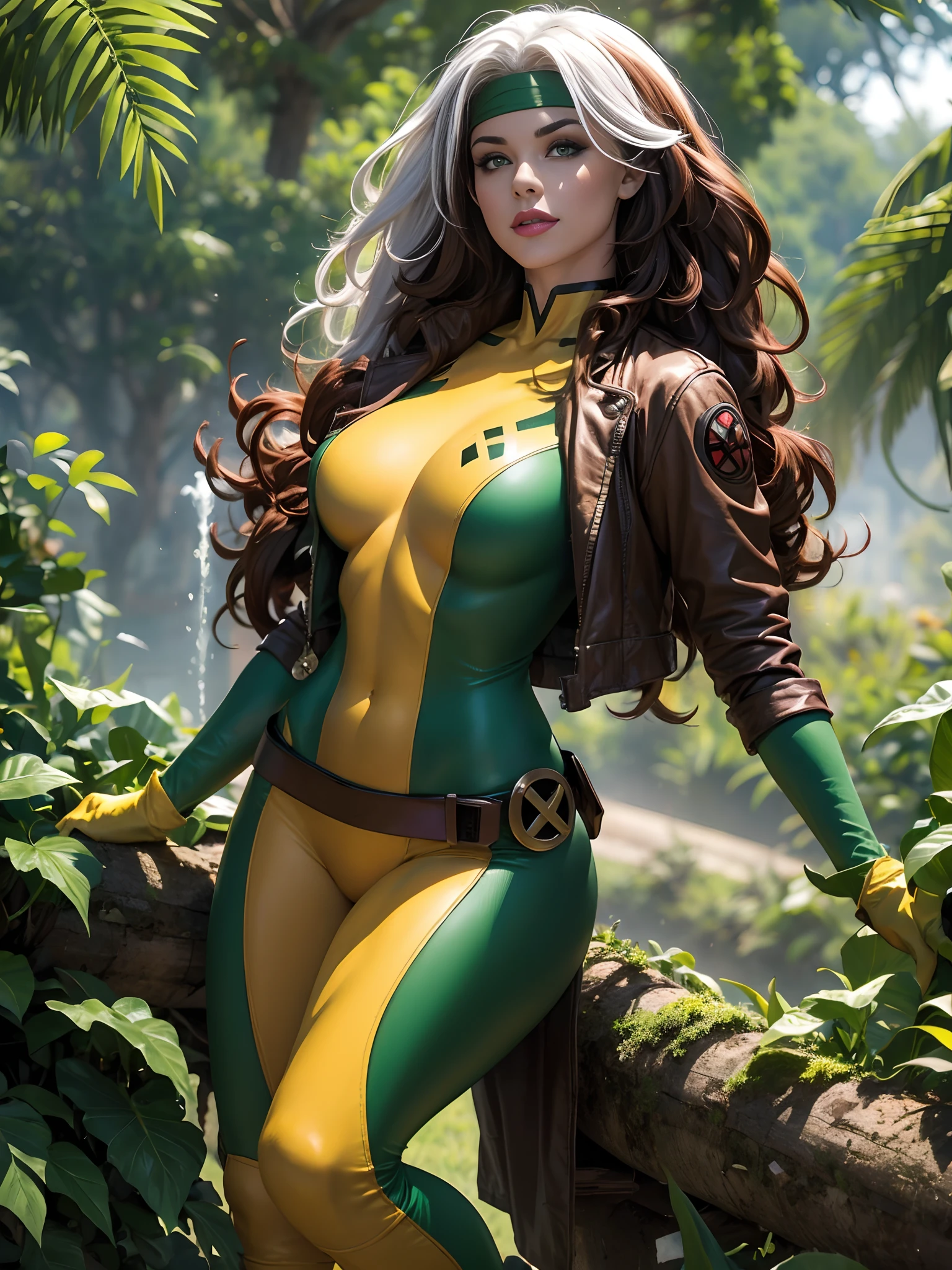 (masterpiece:1.0), (best_quality:1.2), Classic Rogue, 1991 Rogue X-Men, 1 girl, Only, full body view, medium length hair, brown hair, wavy hair, messy hair, one lock of white hair, headband, green eyes, mischievous look, smirking, parted lips, curvy figure, medium to large breasts, lipstick, makeup, jacket, gloves, belt, official x-men logos, yellow gloves, green bodysuit, multicolored bodysuit, skin tight, open jacket, headband, multicolored clothes, Looking at the Viewer, confident stance, legs parted, sunlight, sunrays, light source from the side, (realism: 1.5), (Realistic: 1.4), (Absurdity:1.4), 8k, ultra-detailed, Detailed Beautiful Woman, (only:1.4) , 1girl, background of garden, dirt path, wisteria trees, outside of mansion, official art, extremely detailed CG unity 8k wallpaper, perfect lighting, Colorful, ultra high res, photography, 8K, HDR, Kodak portra 400, film grain, blurry background, (bokeh:1.2), lens flare, (vibrant_color:1.2), professional photograph