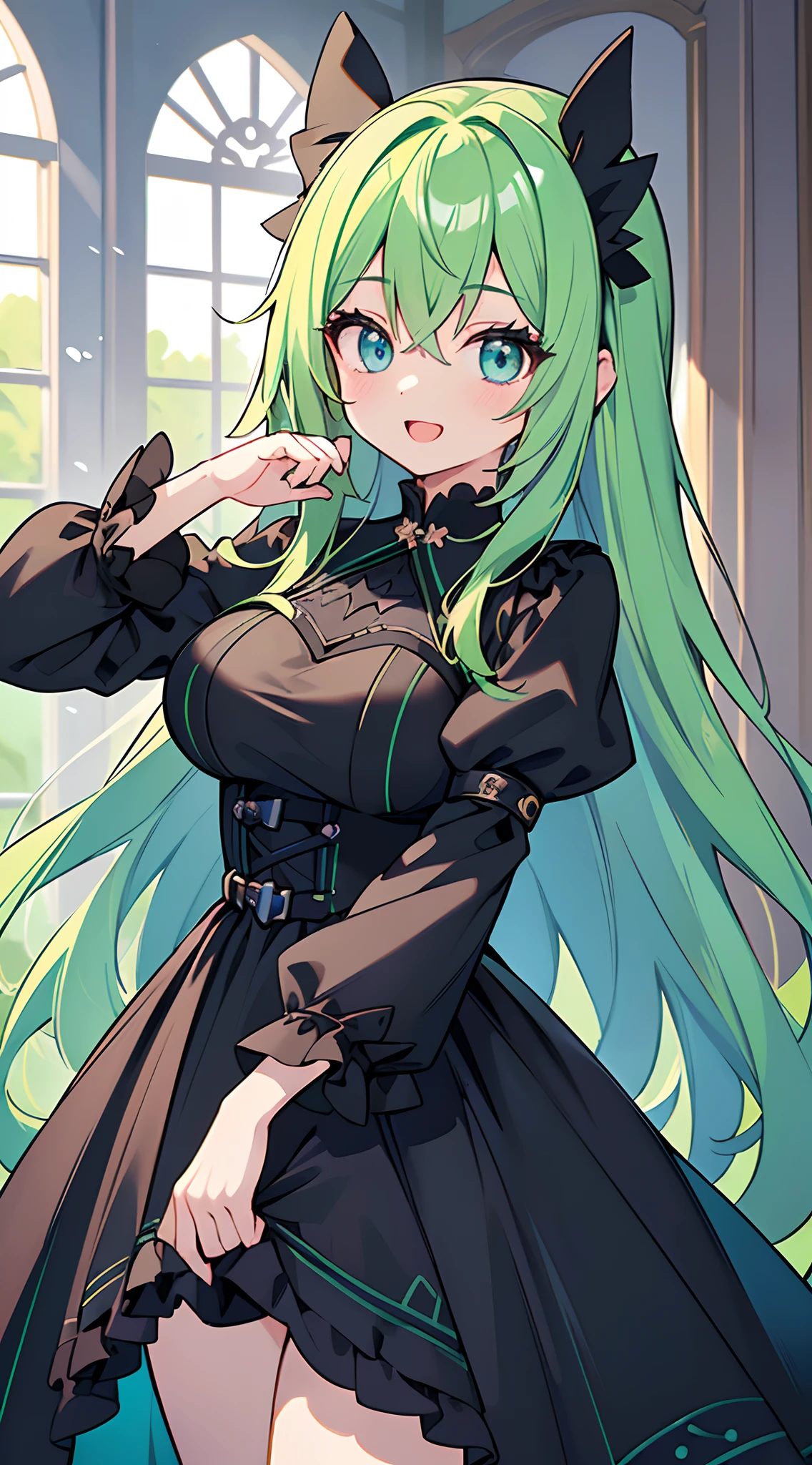voluminous dark green hair, emphasizing dark dark dark green hair color, long straight hair, big droopy eyes, blue eyes, kind pretty face, droopy eyes, looking at me shyly, smiling without opening mouth, wearing number 5 earrings, golden hair clip, sparkling eyes, focus on face, fresh smile, high quality golden number 5 earring, big droopy eyes, blue eyes, hand pointing towards me showing 5 fingers, close-up of face, small breasts, gothic fashion, dark room, 5 fingers, both hands, shadowless background, high quality, focus on face.