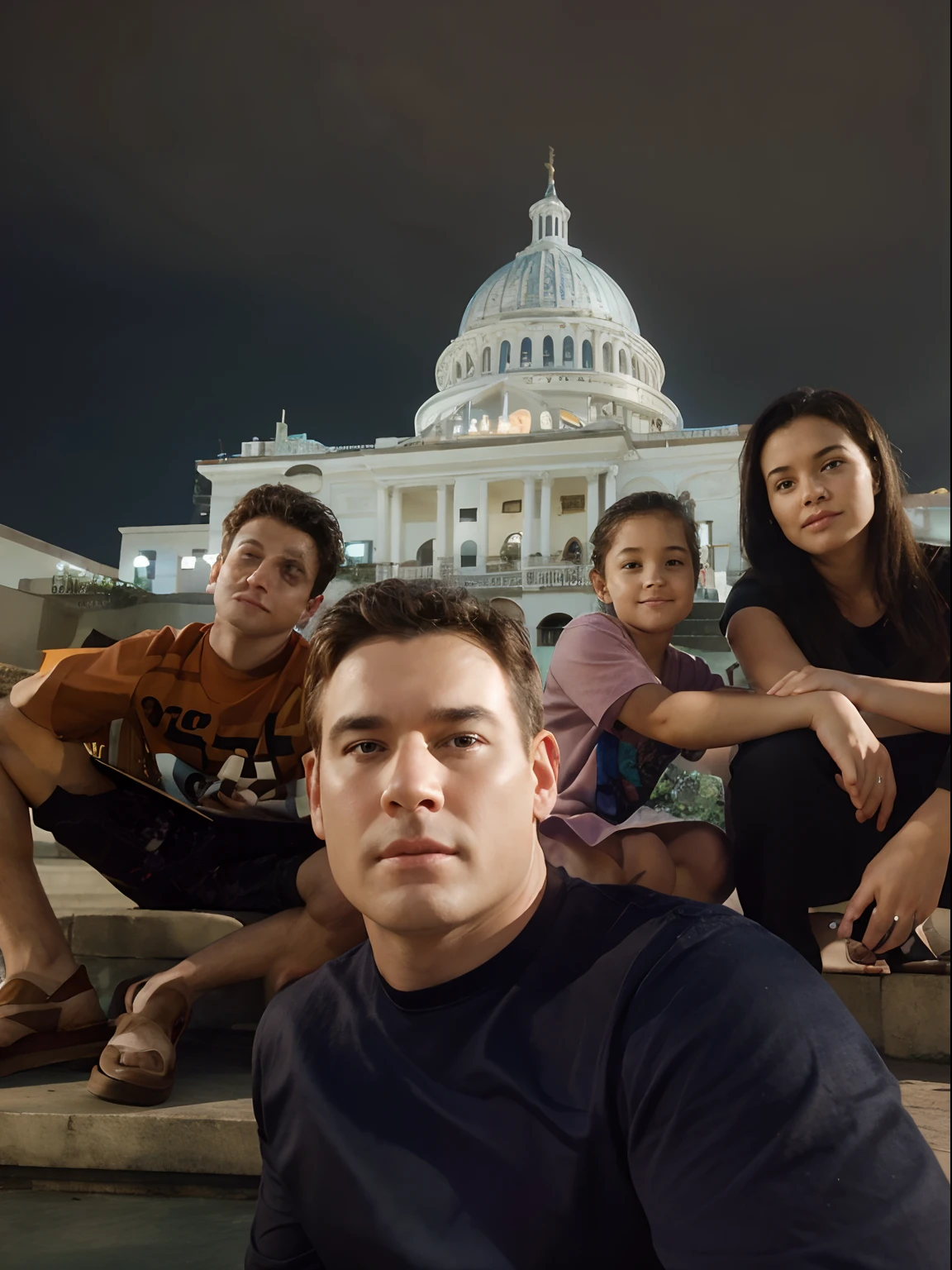 A Pixar -style 3d, Family sitting on the steps of the Captorio