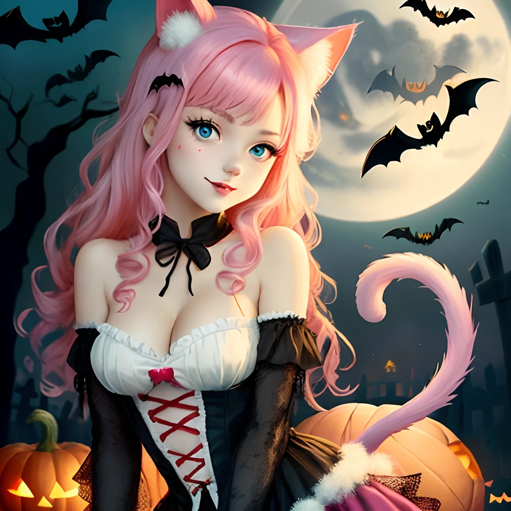 Anime cat girl with pink hair and and a fluffy tail and blue eyes wearing a Halloween vampire costume.  For Halloween.