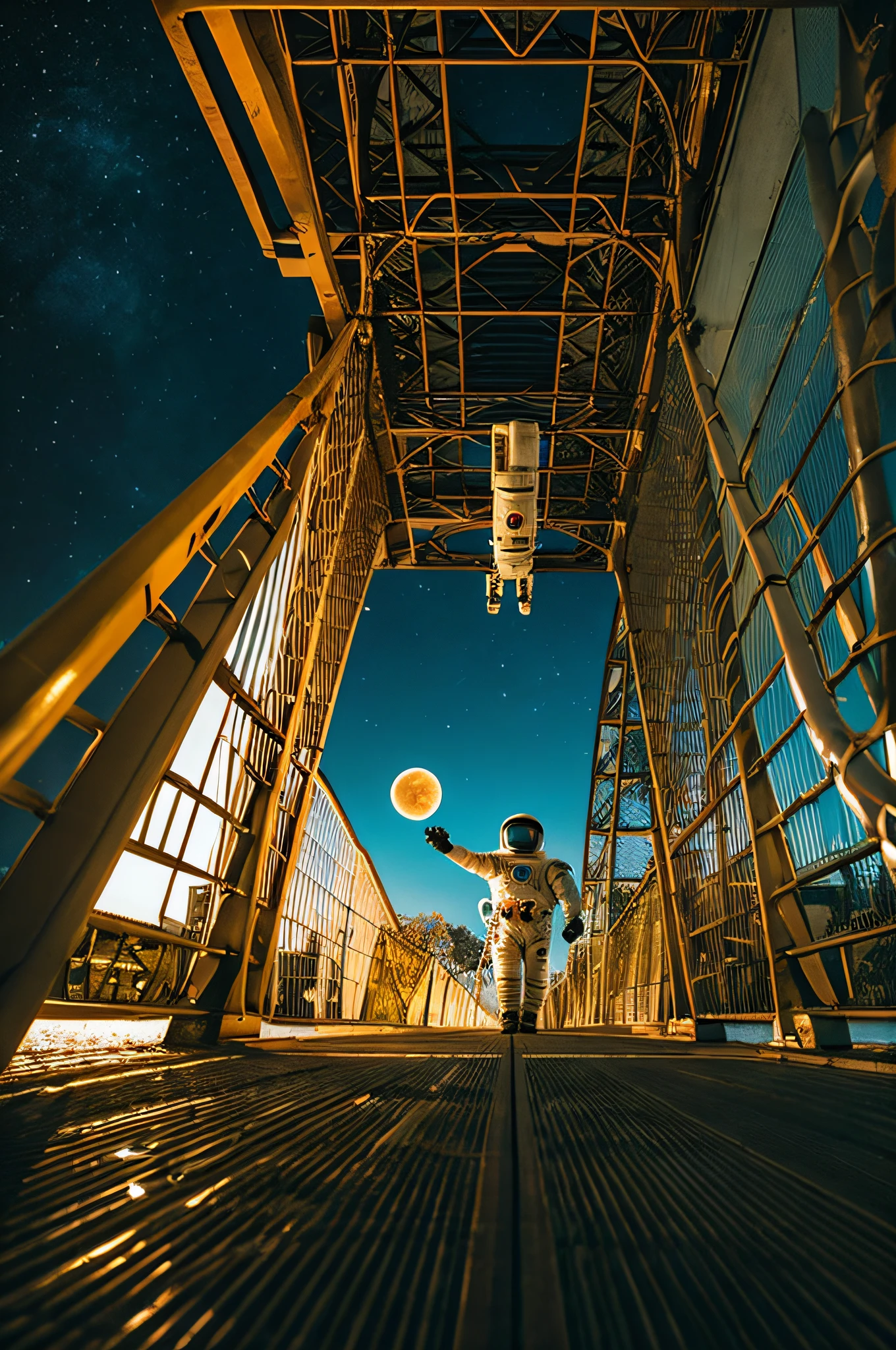 (Astronaut crossing the bridge)，There is a planet in the background, lonely astronaut, Detailed astronaut, space astronaut, fully space suited, an astronaut in space, an astronaut in space, Lunar astronaut, The following astronauts, Astronauts stranded on Earth, key art, stefan koidl inspired, Inspired by Władysław Steminski, Cinematography Concept Art, inspired by Mike Winkelmann, Weta, Inspired by Marius Borgeau, Authors：Matthias Koloto （depth of fields）, Cinematic lighting, Ray tracing, Mosaic Art, 16 K