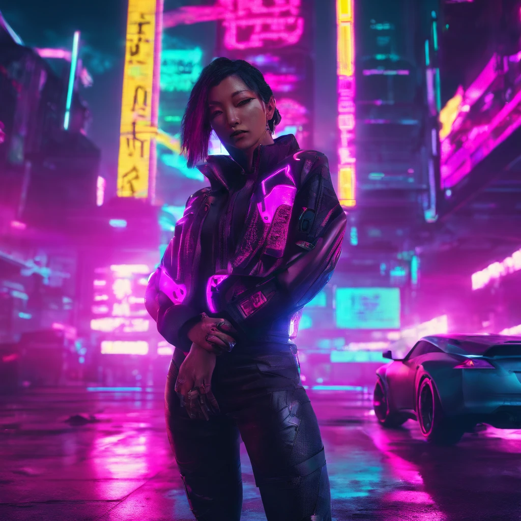 a woman standing in front of a nissan 350z, cyberpunk color grading