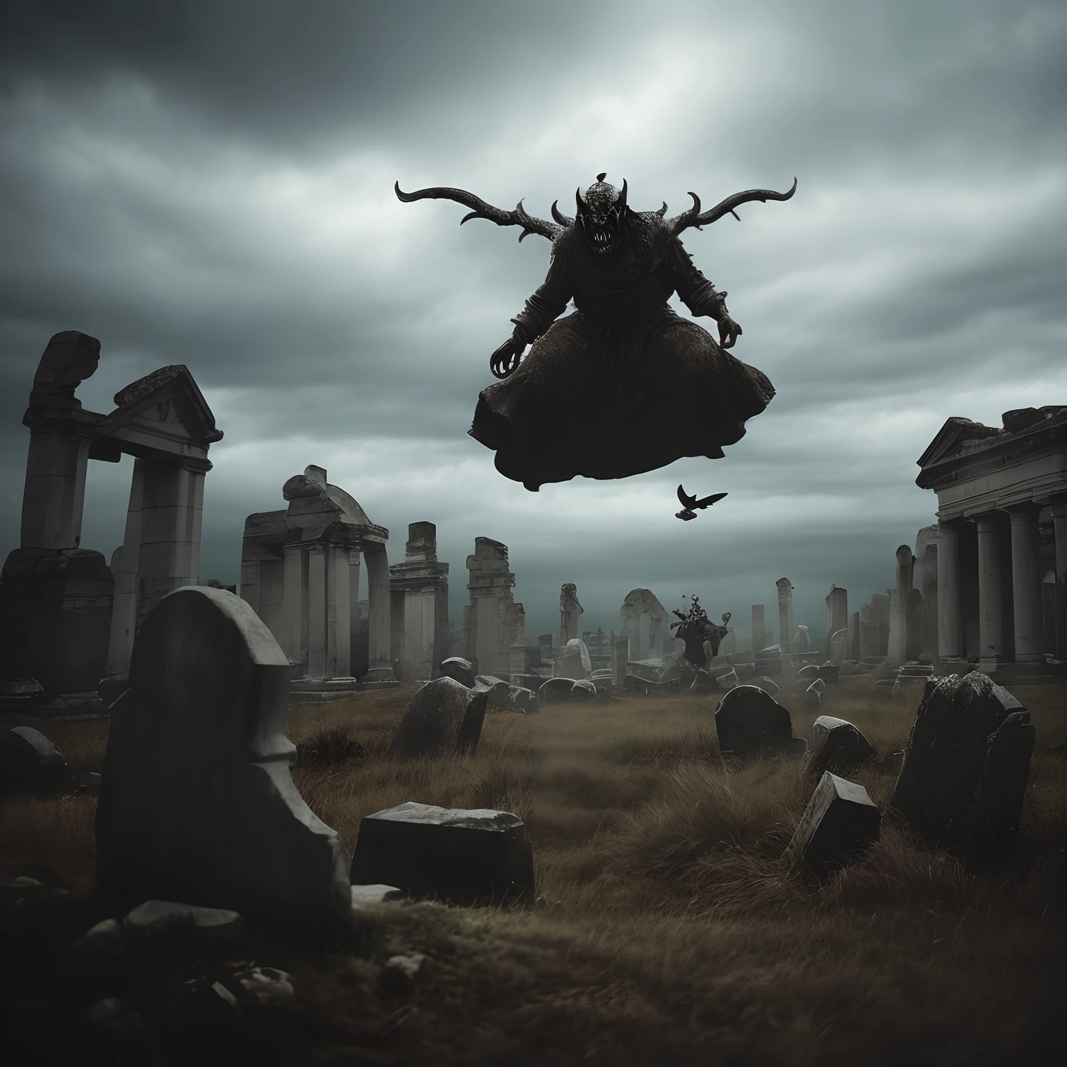 Ancient demonic ghost rising from a grave with lost souls flying in the back ground