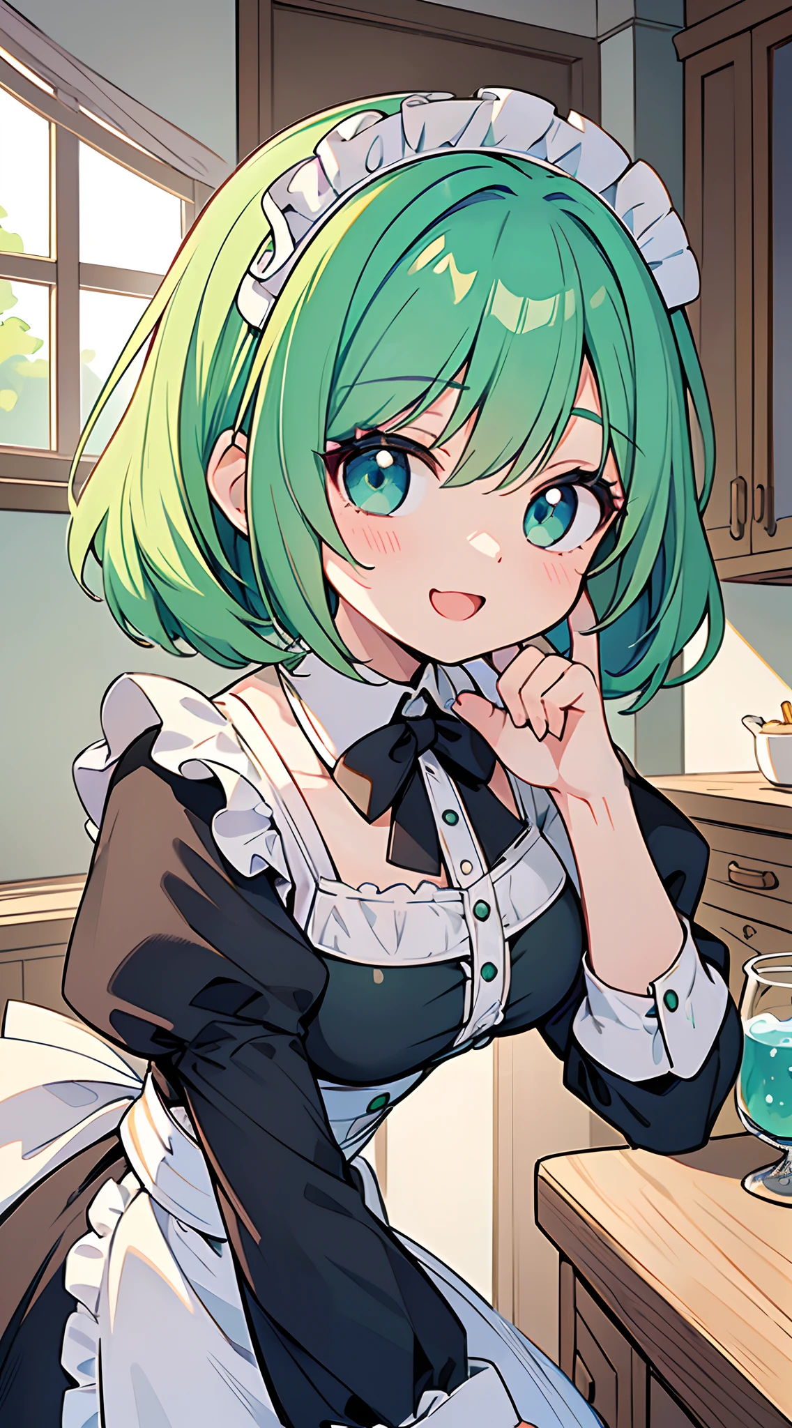 Anime character with green hair and blue eyes in a kitchen - SeaArt AI