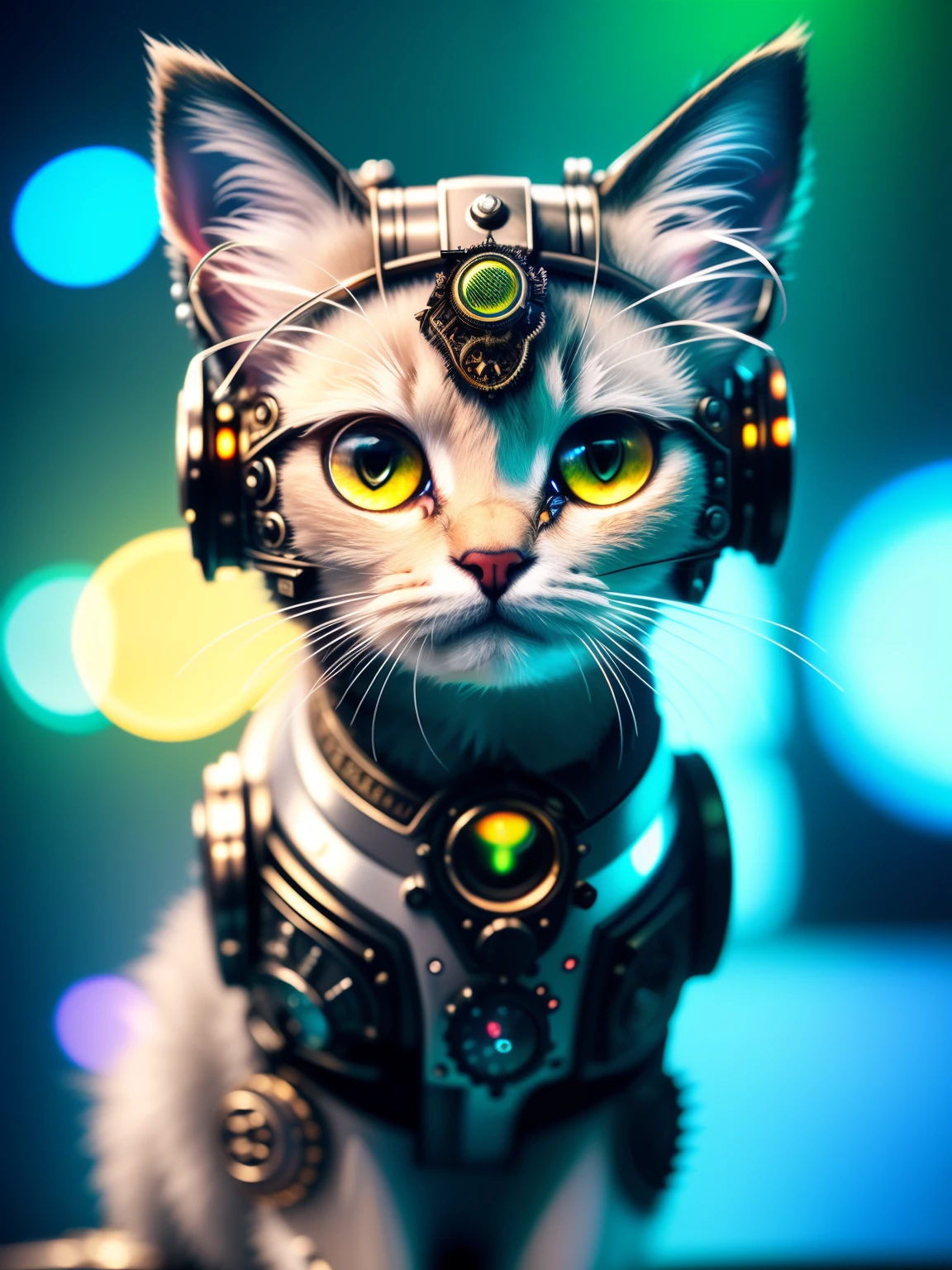 A cute fluffy kitten，made of metal, Cyborg, Cyberpunk Style, Clockwork, ((Intricate details)), hdr, Big eyes, ((Intricate details, ultra - detailed)), Vacuum tubes or tubes, cinema shot, Vignette, Bokeh effect Baker ground