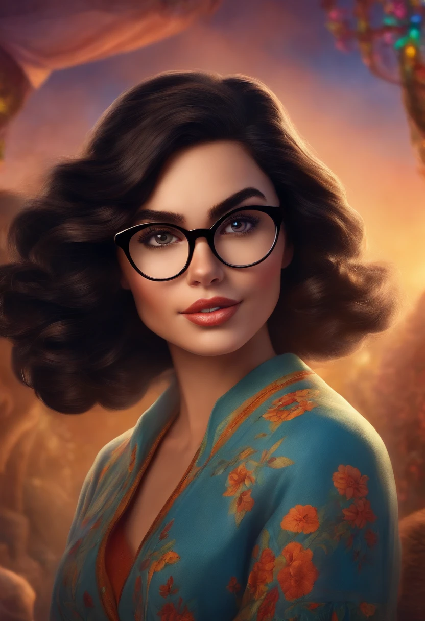 poster "Disney Pixar" Caucasian woman, with black wavy hair, brown eyes, round-pointed glasses