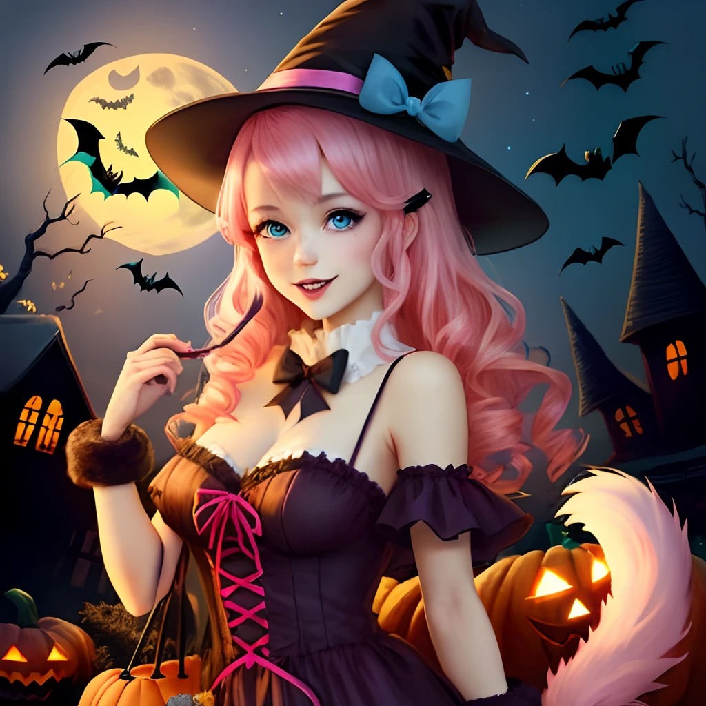 1girl,bat,bat hair ornament,bat wings,black bow,candy,earrings,emoji,food,ghost costume,halloween,halloween bucket,halloween costume,happy halloween,jack-o'-lantern,jewelry,open mouth,orange background,orange sky,orange theme,pink hair,pumpkin,pumpkin hair ornament,pumpkin hat,silk,solo,spider web,tombstone,trick or treat,vampire,vampire costume,witch hat,yellow background