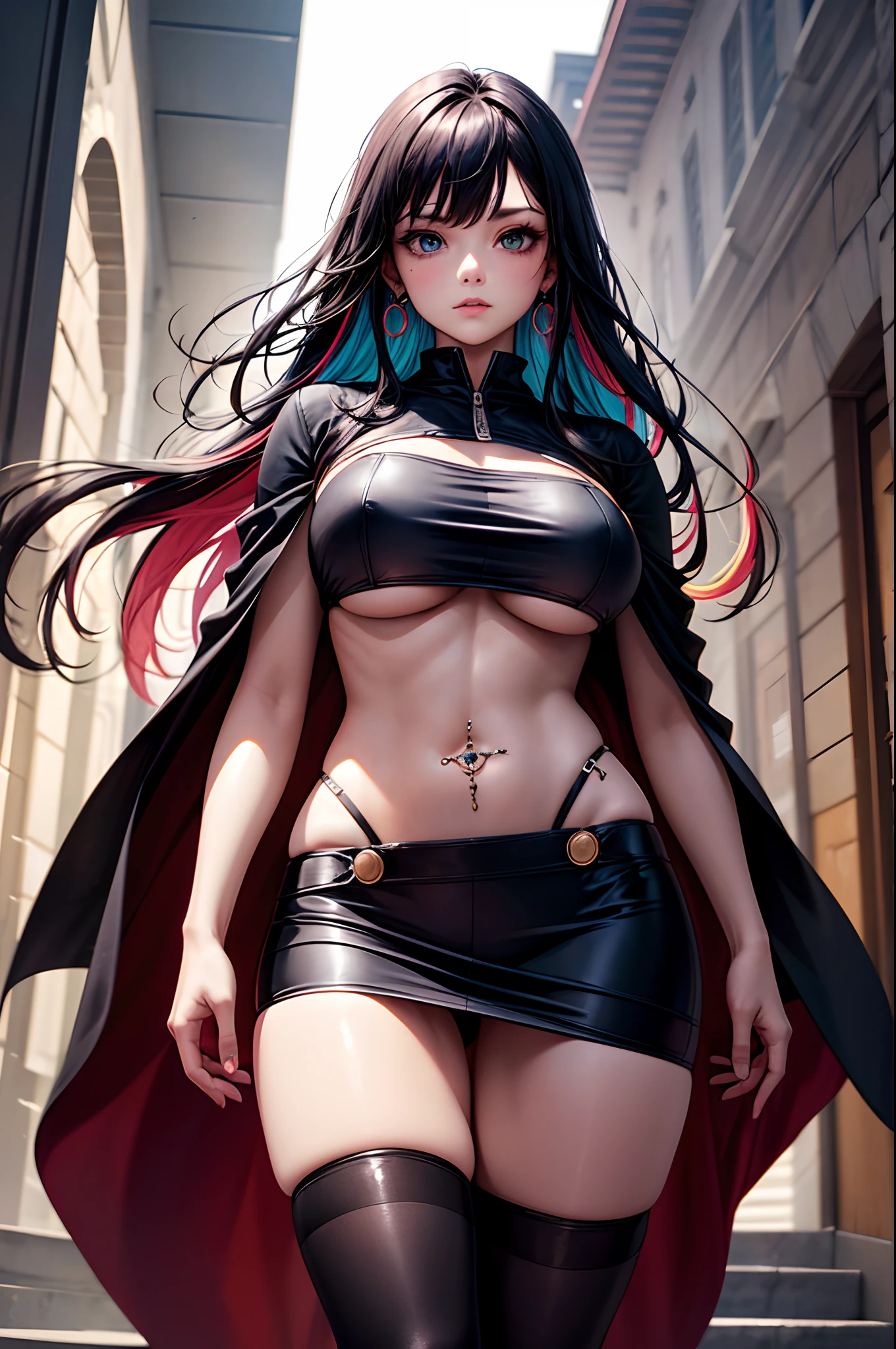 1girl, absurdres, high res, extremely detailed ultrasharp, 8K, masterpiece, looking at viewer, thighs, breasts, underboob, black hair, long hair, multicolored hair, crop top, cloak, naval, breast zipper, transparent, piercing, nose piercing, ear piercing
