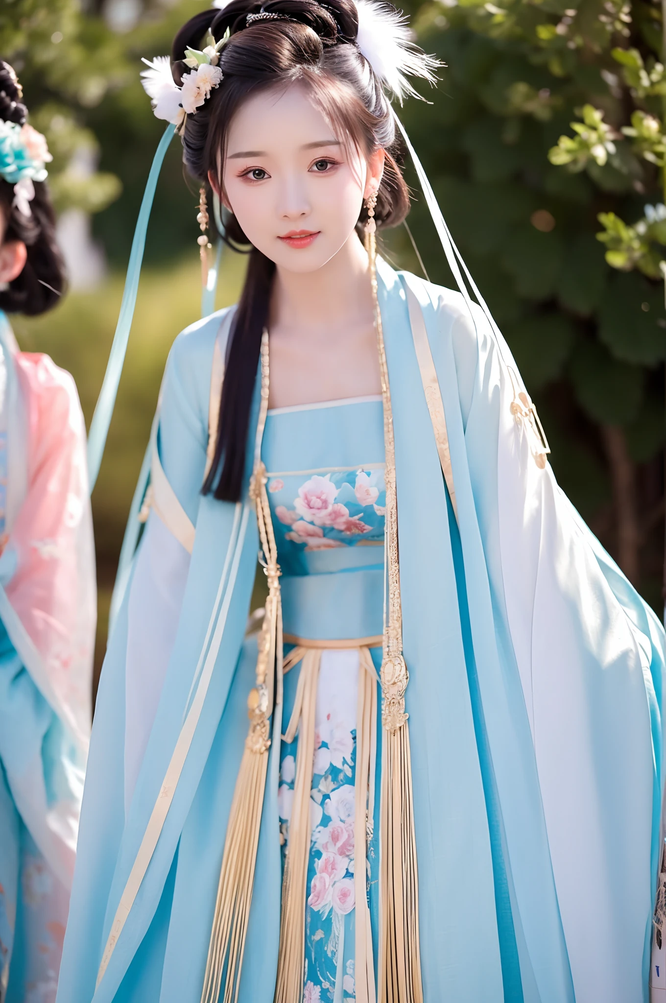 ulzzang-6500-v1.1, (raw photo: 1.2), (photorealistic: 1.4)) best quality, beautiful, beautiful, beautiful, extremely detailed, CG, unity,8k amazing wallpaper, beautiful detail, masterpiece, best quality, official art, very detailed CG unity 8k wallpaper, ridiculous, unbelievably ridiculous, huge file size, super detailed, high resolution, very detailed, beautiful detailed girl, very detailed eyes and face, beautiful detailed eyes, movie lighting, 1 girl, perspective, looking at the audience, full body, full body photo, outdoors, hands behind your back, (Hanfu)