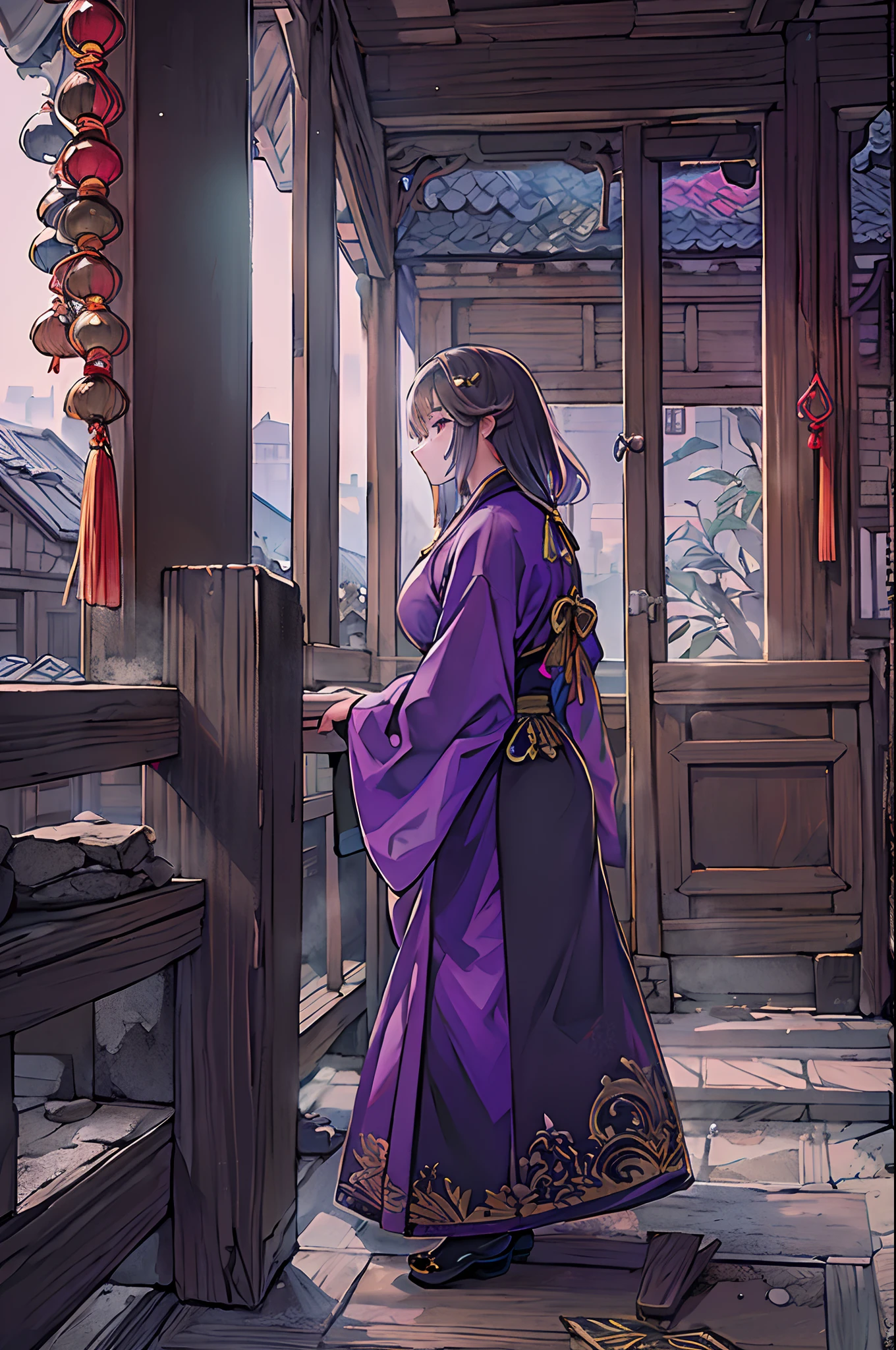 girl with, Wearing purple and black robes, Set in a Chinese-style building